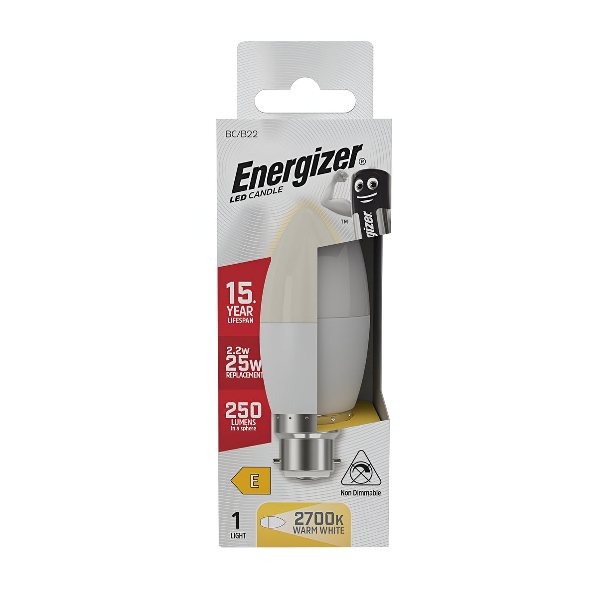 The Energizer 2.2W Non-Dimmable LED Candle Bulb with B22 base offers an energy-efficient design featuring a warm white glow at 2700K and boasts a 15-year lifespan. This bulb, equivalent to a 25W incandescent, delivers 250 lumens of brightness. The packaging is sleek in white with striking red and yellow accents.