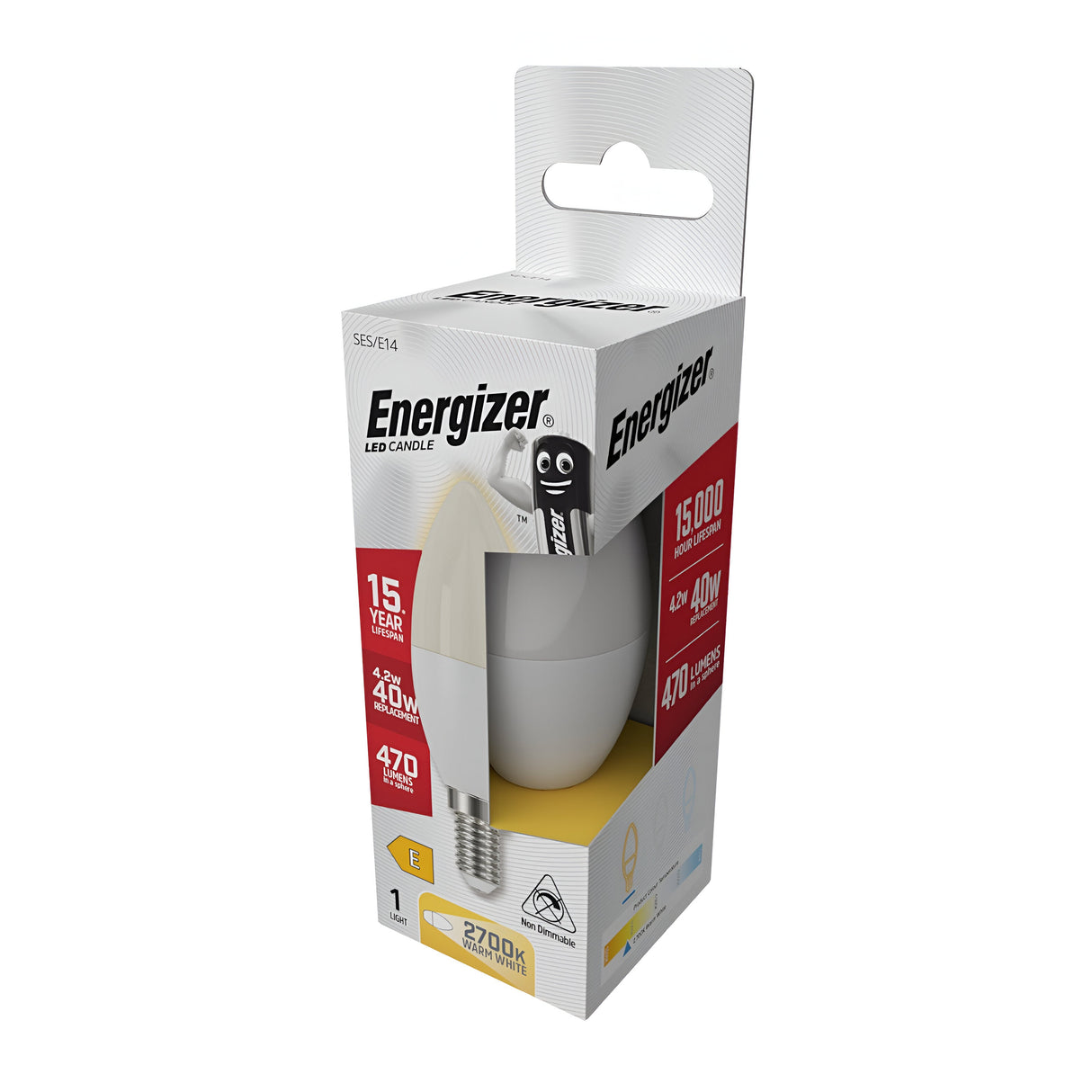 The image displays the packaging of an Energizer 4.2W Non-Dimmable LED Candle Bulb, showcasing a 15-year lifespan and an E14 base. This energy-saving bulb is equivalent to a 40W bulb, offers 470 lumens with a warm glow at 2700K, and is presented in a box with a white and yellow design featuring a display window.