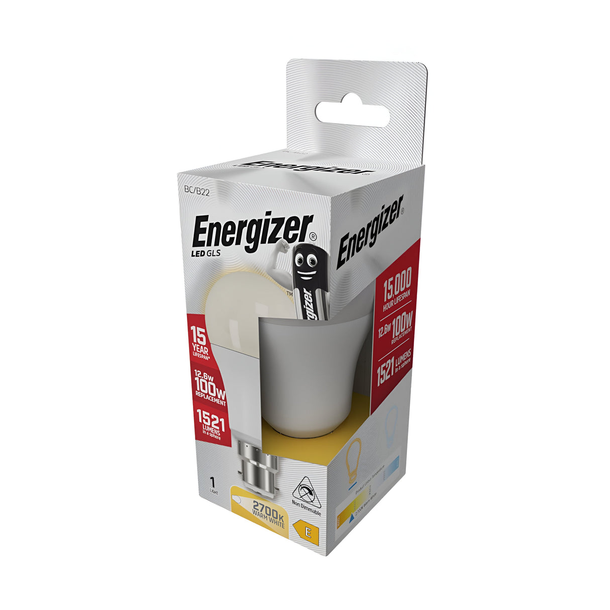 The packaging of the Energizer 12.6W Non-Dimmable LED GLS Bulb - Warm White, B22, 2700K emphasizes its energy efficiency with a lifespan of 15,000 hours. With light output equivalent to a 100W bulb, it delivers 1521 lumens of warm white light at a cozy 2700K temperature. The box features an image of the bulb alongside the iconic Energizer battery character.