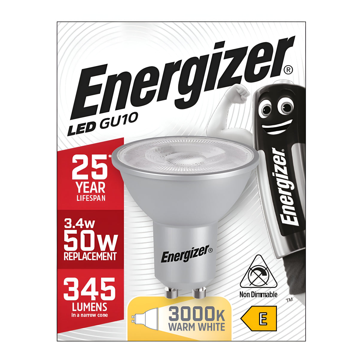 The packaging for the Energizer 3.4W GU10 Non-Dimmable LED Bulb in Warm White at 3000K highlights an energy-saving bulb with an impressive 25-year lifespan. It operates at 3.4 watts as a replacement for a 50-watt bulb, producing 345 lumens of warm white light, and includes the cheerful Energizer character on the right side of the box.