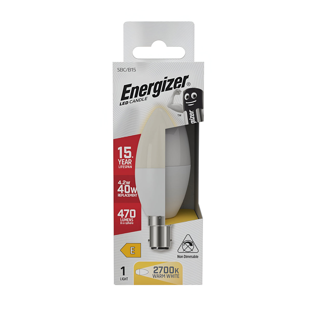 The Energizer 4.2W Non-Dimmable LED Candle Bulb with a B15 base showcases its energy efficiency by providing a warm white glow. It boasts a lifespan of 15 years, delivering 470 lumens of brightness and offering light equivalent to a 40W bulb at a comfortable 2700K temperature.