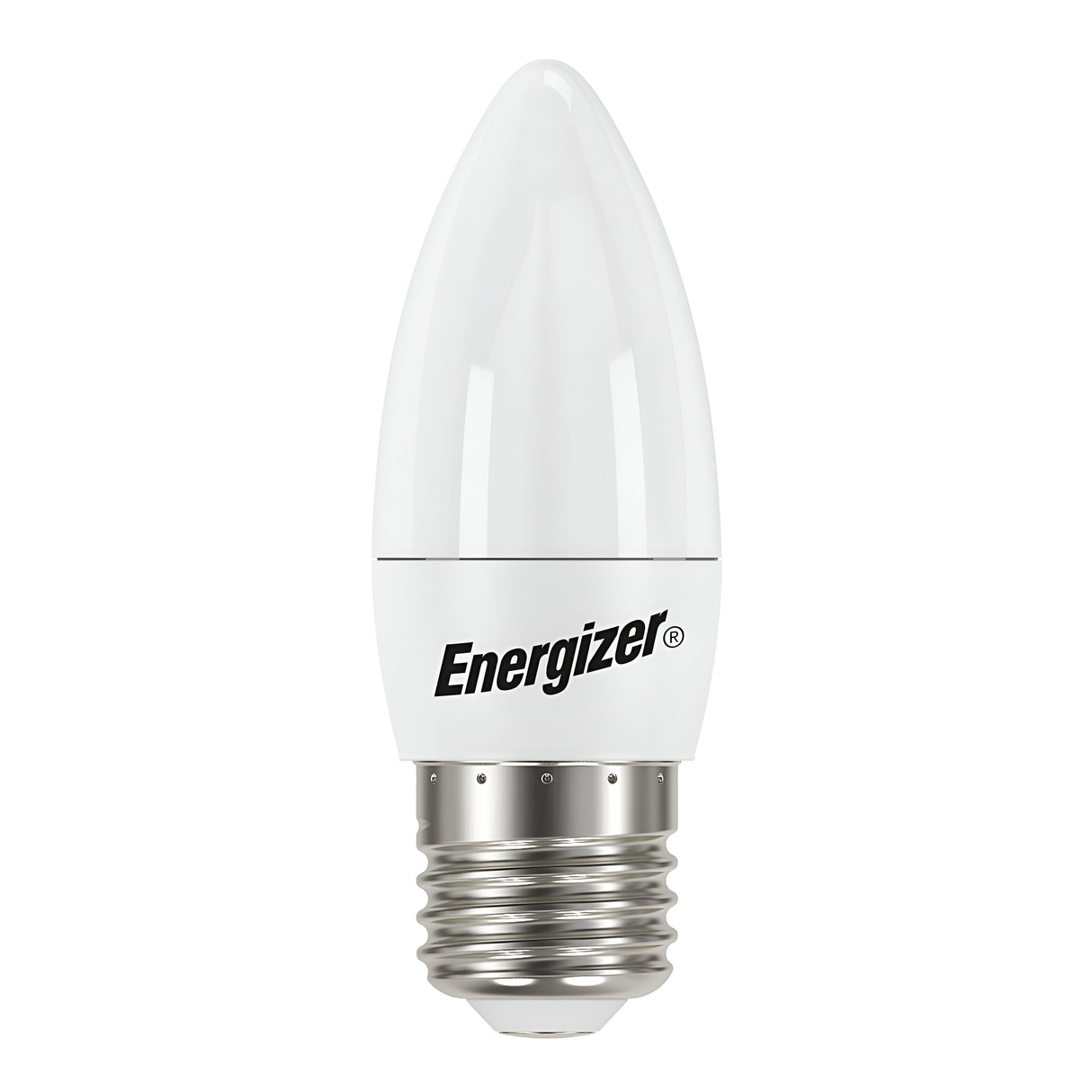 An Energizer 4.2W Non-Dimmable LED Candle Bulb with an E27 screw base, offering energy-efficient lighting with a smooth, elongated design and a warm white glow of 2700K for use in decorative fixtures.