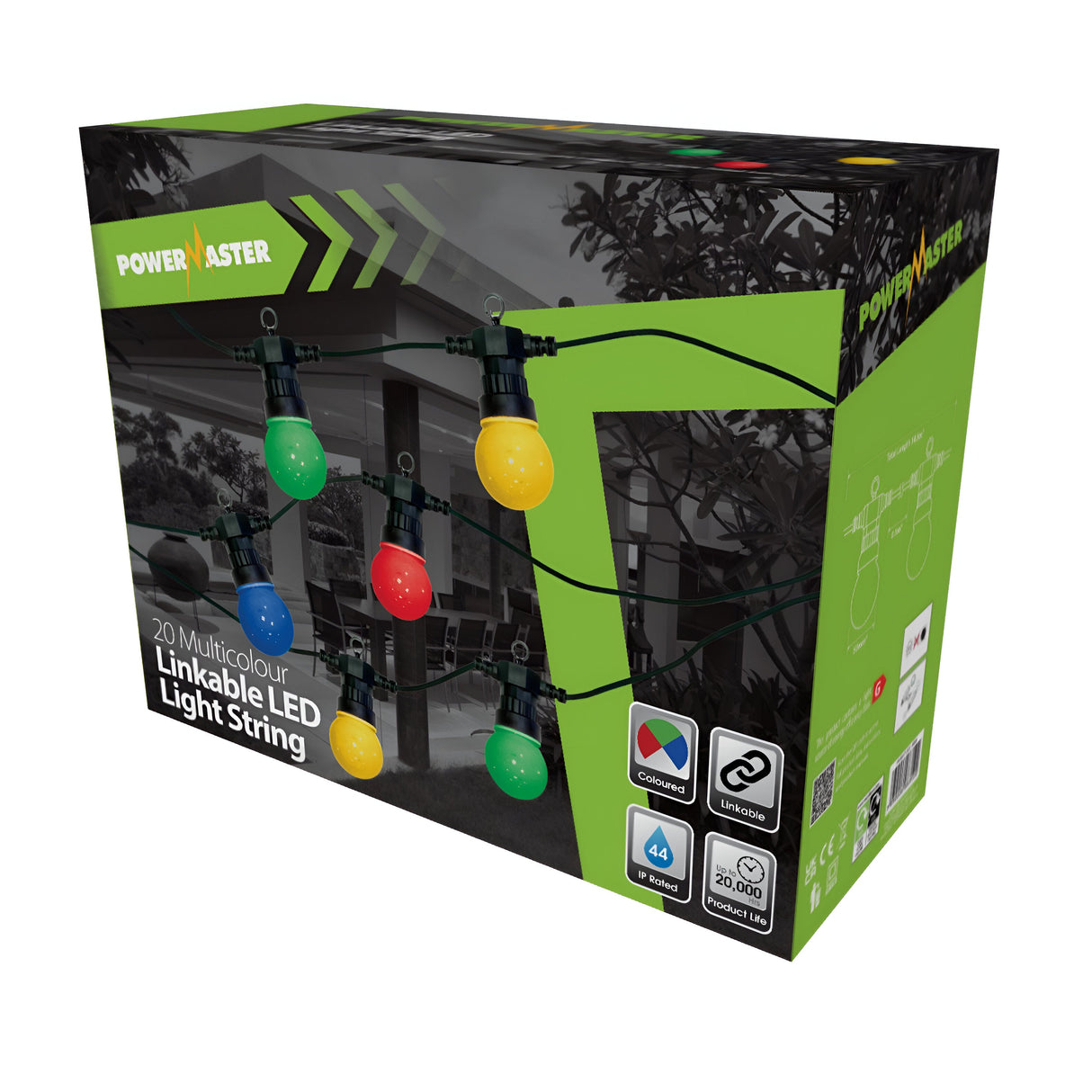 The PowerMaster Outdoor LED 20 Large Globe String Lights feature multicolored, shatterproof bulbs in red, green, yellow, and blue. They boast an IP44 rating for indoor/outdoor use and come packaged with a garden setting image. The string measures 14.5m long.