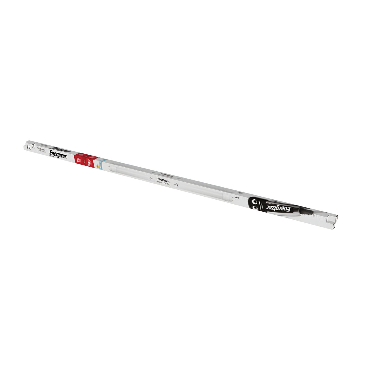 A sleek, cylindrical Energizer G13 18W 4ft LED tube in silver, featuring colorful packaging accents. This daylight LED light is perfect for fluorescent fixtures, offering energy savings and enhanced durability with its shatterproof coating.