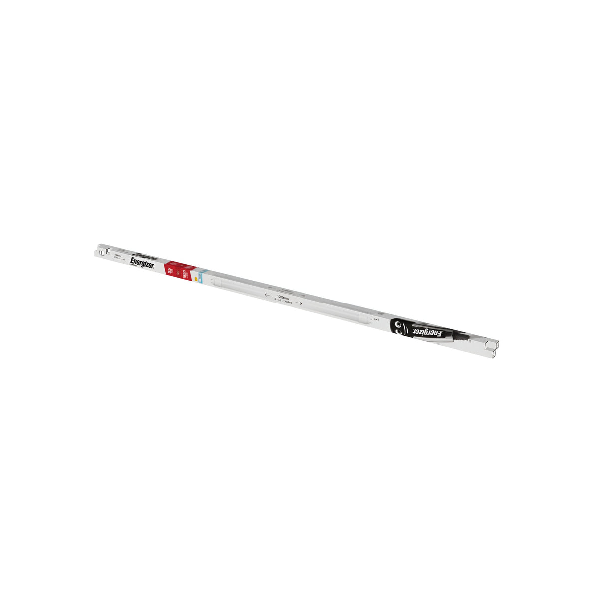 A long, slim Energizer G13 22W 5ft LED Tube with a white base and colored label sections in red, black, and blue. This energy-efficient design offers 6,500K daylight illumination and is intended for lighting purposes against a plain white background.
