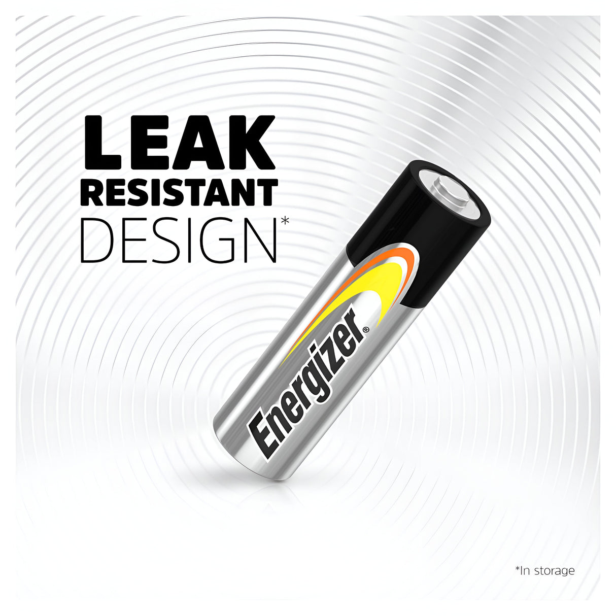 An image featuring an Energizer Power AA LR6 Alkaline Battery, characterized by its black top and silver body, is presented against a textured circular background. The accompanying text emphasizes the battery's long-lasting performance and leak-resistant design during storage.