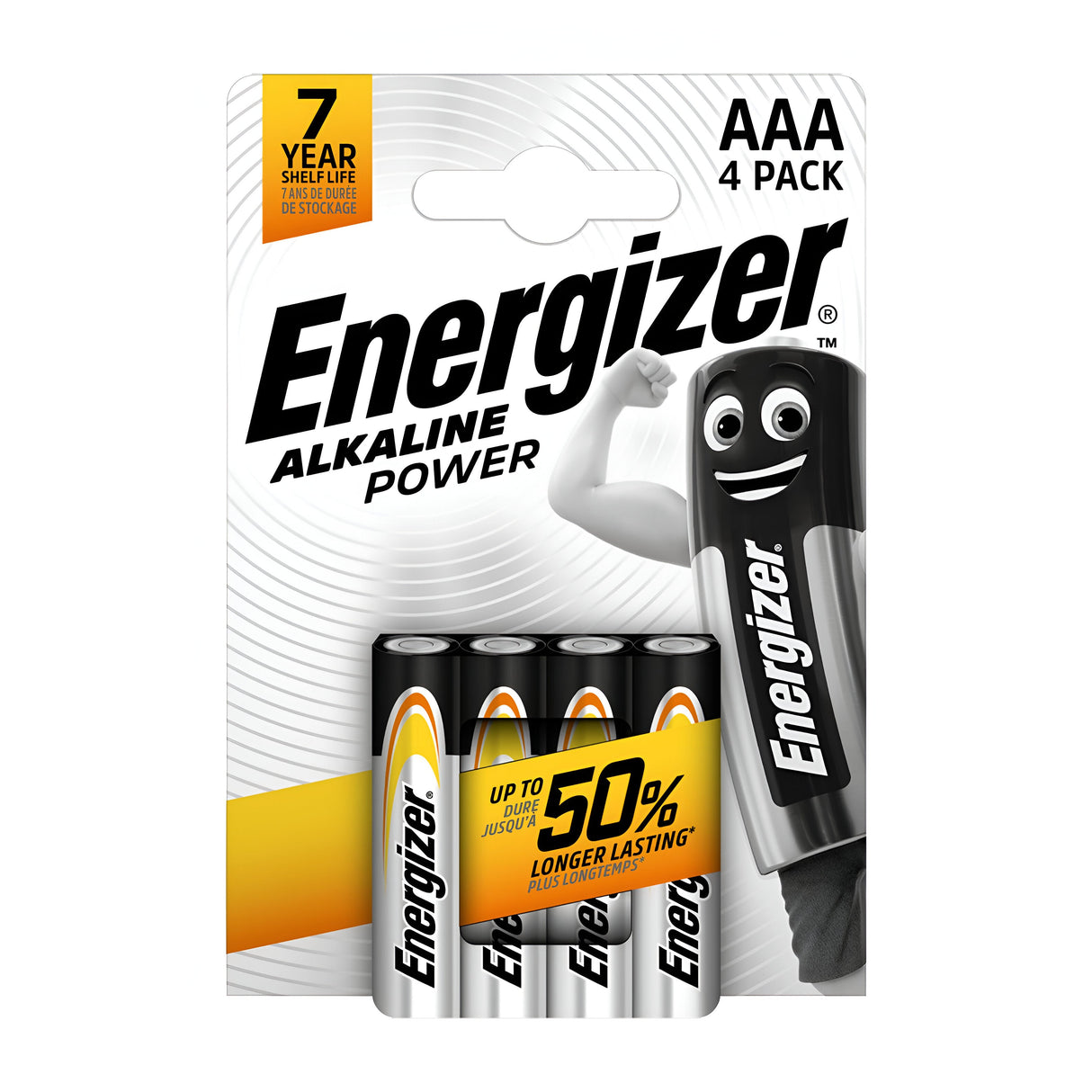 Introducing the Energizer Power AAA LR03 Alkaline Batteries (4 Pack), your dependable energy solution. The packaging showcases a cartoon battery character flexing its arm, emphasizing up to 50% longer-lasting performance and a 7-year shelf life. Ideal for those who prioritize reliable power when needed!