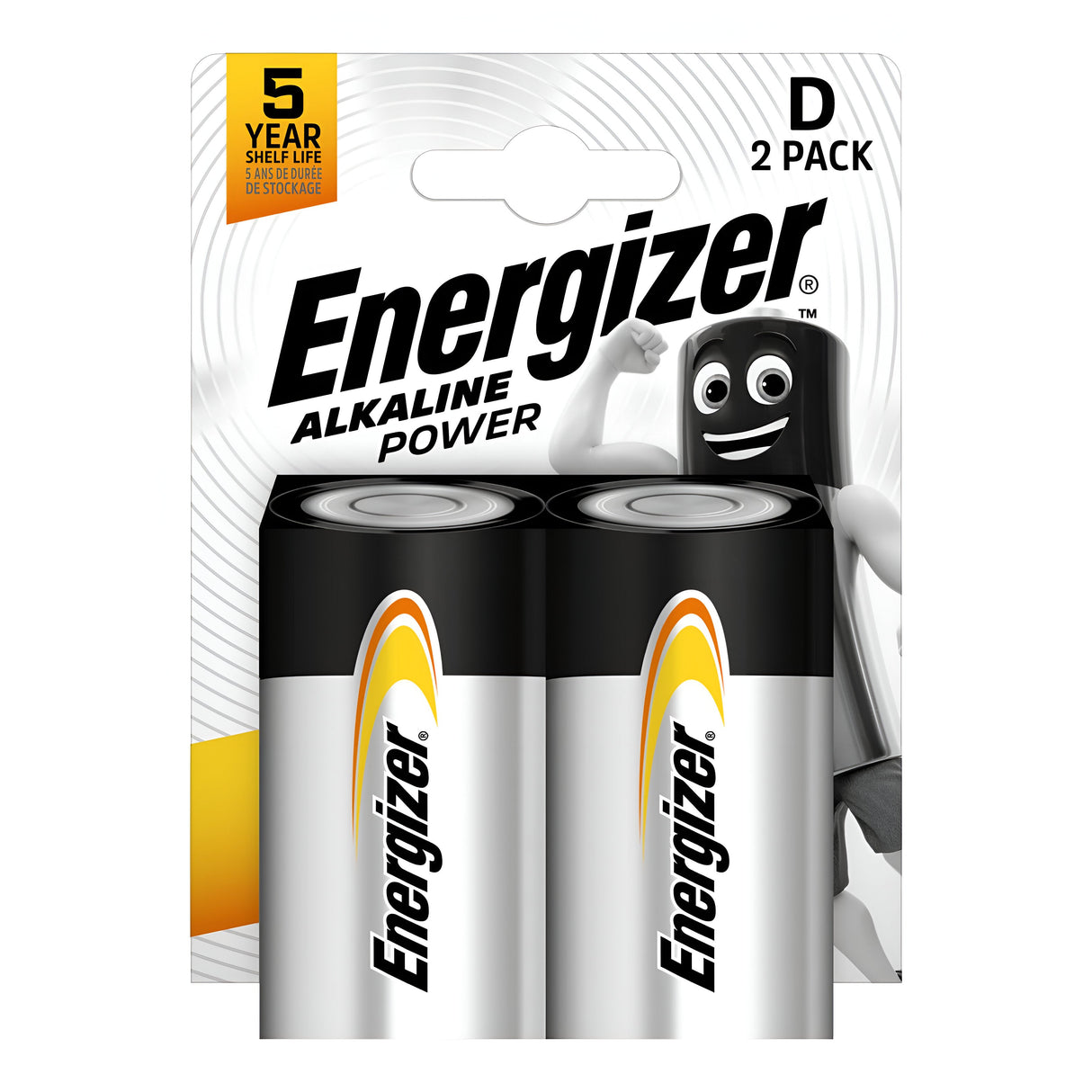 A package of Energizer Power D LR20 Alkaline Batteries (2 Pack) is displayed. The packaging includes the Energizer logo and showcases a cartoon battery character on the right side, emphasizing long-lasting power with a 5-year shelf life.