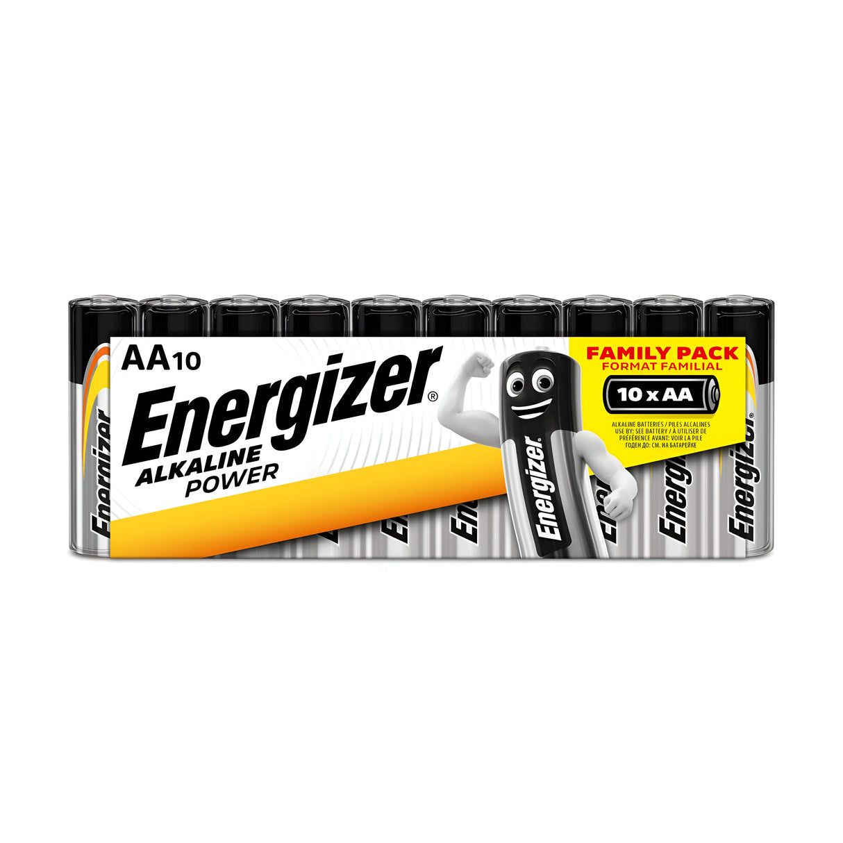 The Energizer Power AA LR6 Alkaline Batteries (10 Pack) deliver dependable performance for all your household needs. The packaging features the iconic Energizer logo accompanied by a character on the right, keeping you powered up and ready to go.