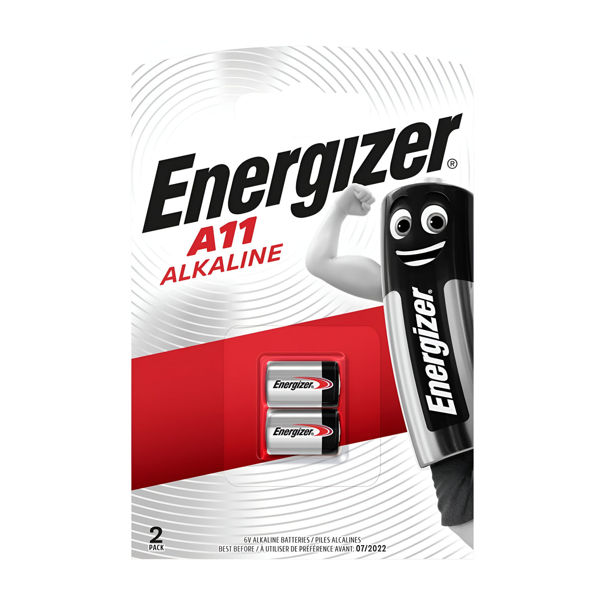 A pack of dependable Energizer A11 6LR61 alkaline batteries, ideal for high-demand electronics, featuring two batteries and the iconic Energizer logo alongside a cartoon battery character with a smiling face and strong arm.