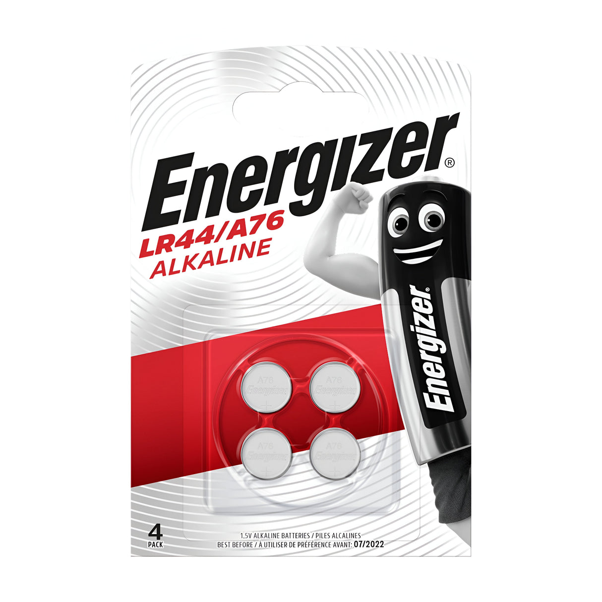 The packaging of the Energizer LR44/A76 Alkaline Button Cell Batteries (4 Pack) displays four visible cells, ideal for small electronic devices. The package includes a battery character with a smiling face and flexed arm, highlighting strength and reliability.