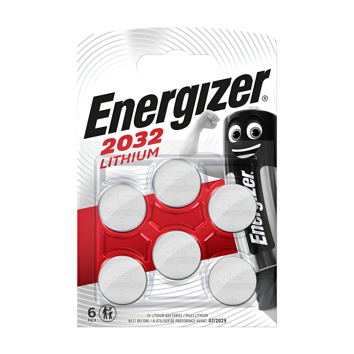 Package of six Energizer CR2032 lithium coin cell batteries, celebrated for their long-lasting performance, featuring a black battery character on the right. The packaging predominantly showcases white and red colors and displays the batteries in a transparent plastic section.