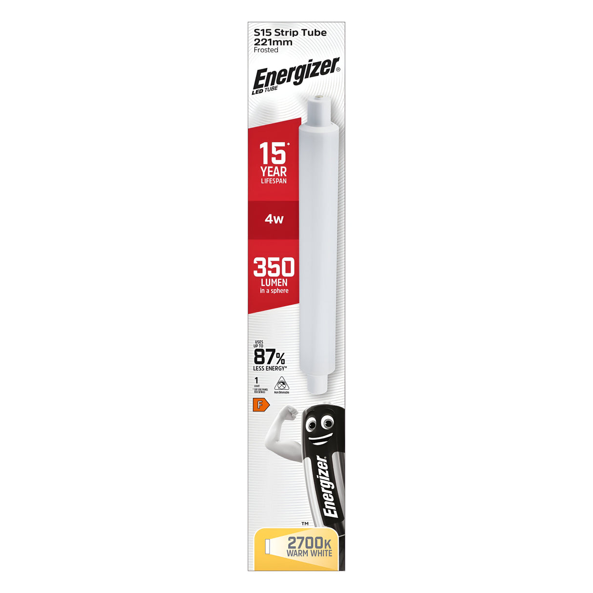 The packaging for the Energizer 4W S15 LED Strip Tube - Warm White, 2700K highlights its energy-efficient lighting features, promoting a 15-year lifespan with a power output of 4W and delivering 350 lumens of warm white light at 2700K. The box is decorated with a cheerful image of a smiling, anthropomorphic bulb character.