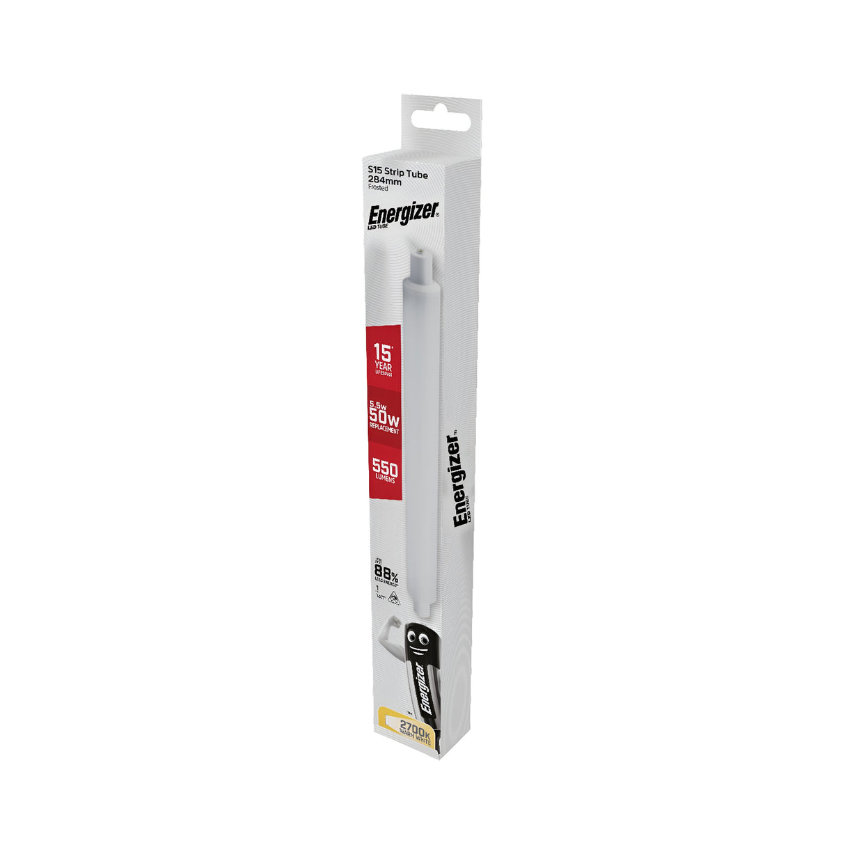 A package of the Energizer 6W S15 LED Strip Tube in warm white, featuring its energy-efficient properties with a 15-year lifespan, emits 550 lumens at a color temperature of 2700K. The mostly white packaging with red and yellow accents highlights detailed energy efficiency information.