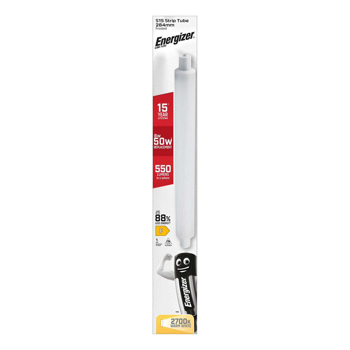 The Energizer 6W S15 LED Strip Tube package emphasizes its energy-saving features, including a lifespan of 15 years, 6W power consumption equivalent to 50W, and a light output of 550 lumens in a soothing 2700K warm white. The image showcases a modern, cylindrical white bulb ideal for contemporary environments.