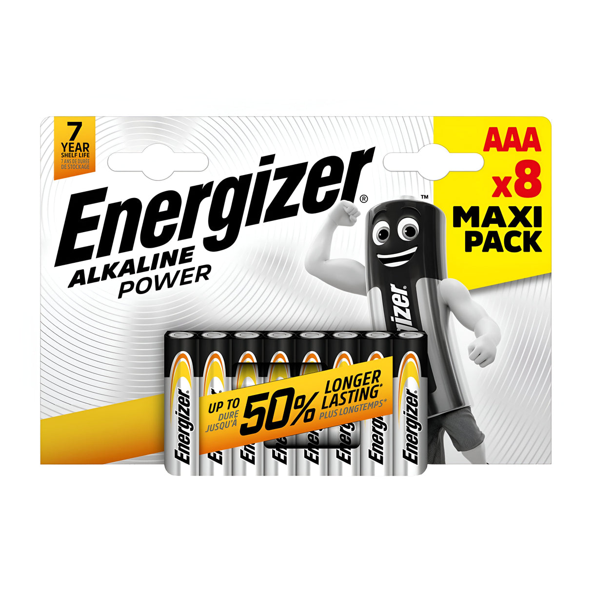 The packaging for the Energizer Power AAA LR03 Alkaline Batteries (8 Pack) features the lively Energizer mascot in a dynamic pose. The text prominently announces "50% longer-lasting energy" and a 7-year shelf life, underscoring the dependability of these energizing batteries.
