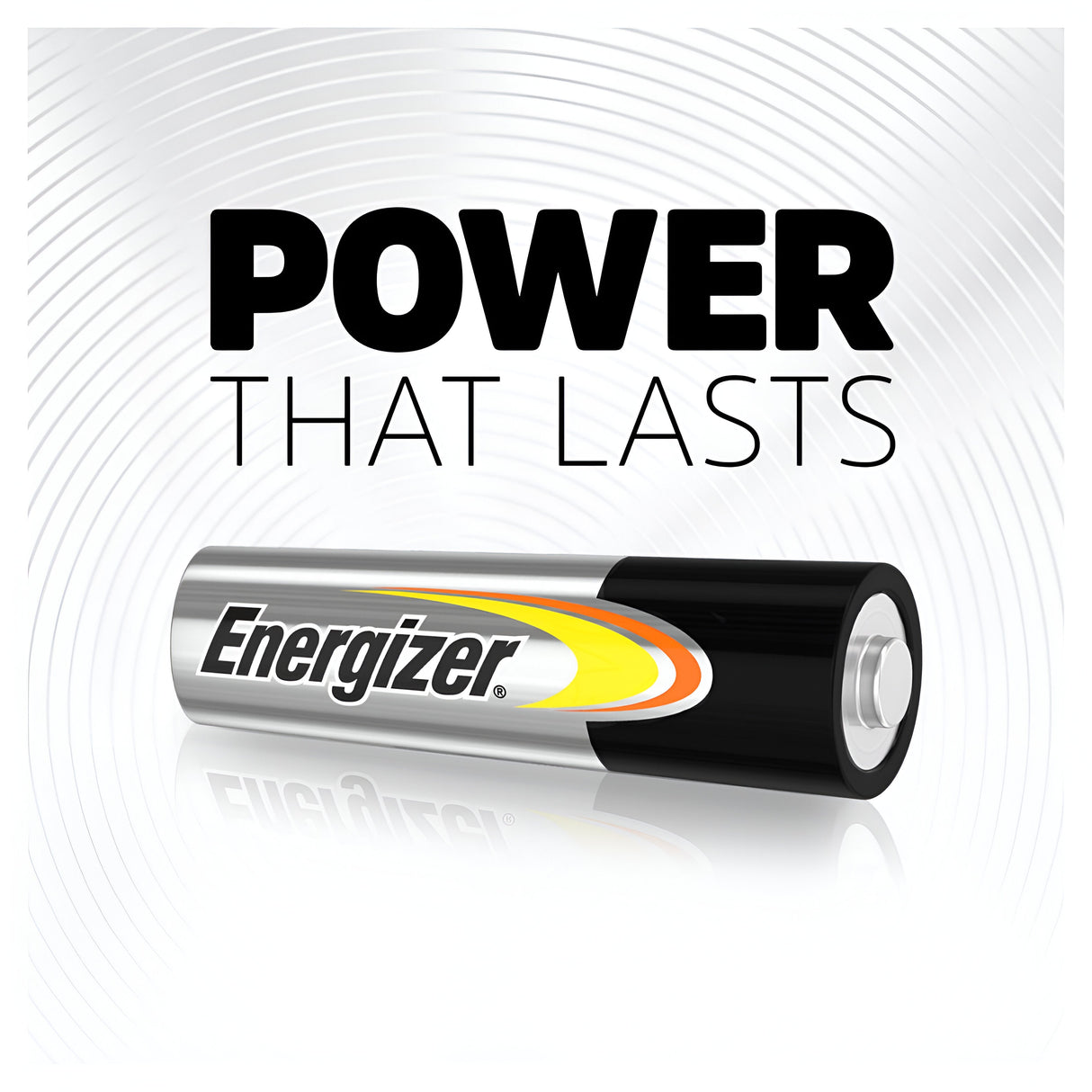 Image of an Energizer Power AA LR6 Alkaline Battery centered with a distinctive black and yellow design. The text above reads, POWER THAT LASTS in bold letters. Highlighting a leak-resistant design, the background features subtle, circular wave patterns.