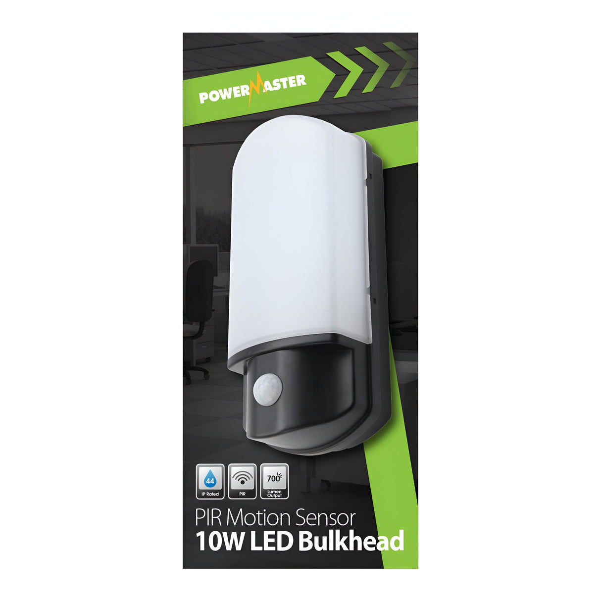 The PowerMaster 10W LED Outdoor PIR Motion Sensor Bulkhead, 6000K Daylight version, features sleek white and black packaging on a green and black backdrop. Icons display its water resistance and 700-lumen output, highlighting its energy efficiency and reliability as a security solution.