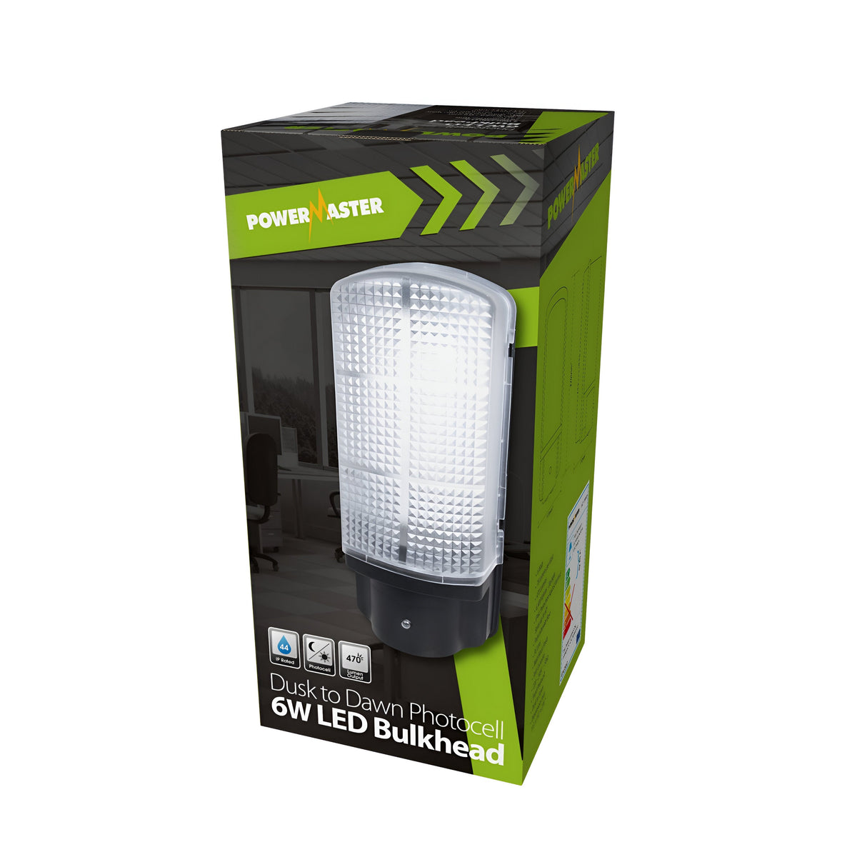 A rectangular box features the curved PowerMaster 10W LED Outdoor Photocell Bulkhead - 6000K, Daylight, an energy-efficient security light. The packaging highlights green and black accents, with a subtle room interior in the background.
