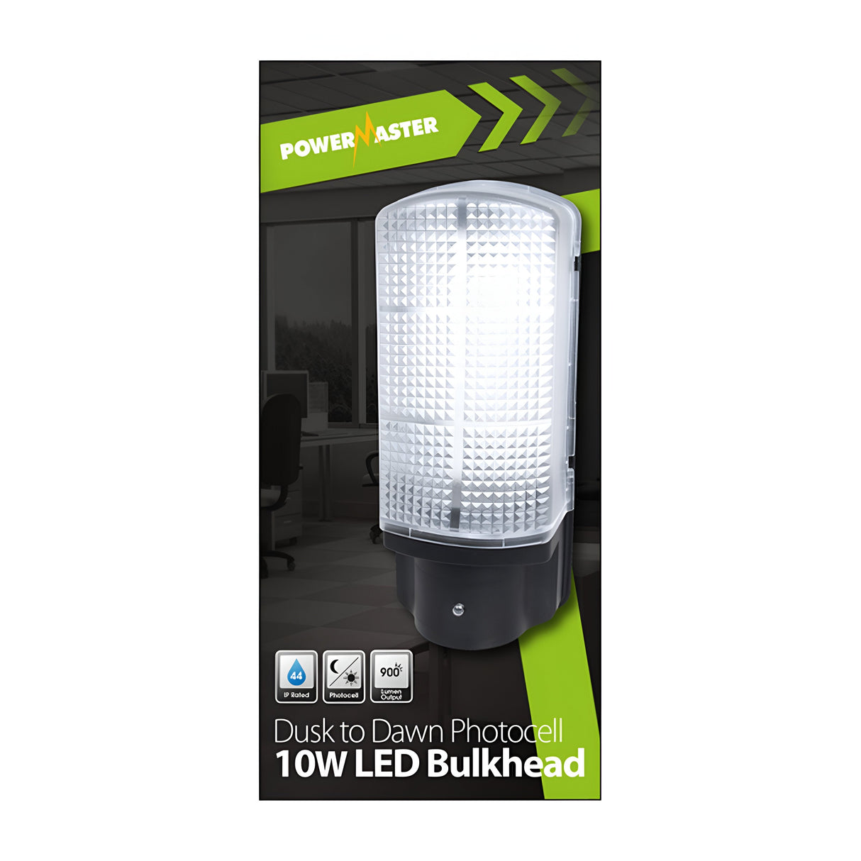 The packaging of the PowerMaster 10W LED Outdoor Photocell Bulkhead - 6000K, Daylight highlights its energy-efficient security lighting, featuring a fixture image and icons for IP65 and IK08 ratings on an office backdrop.