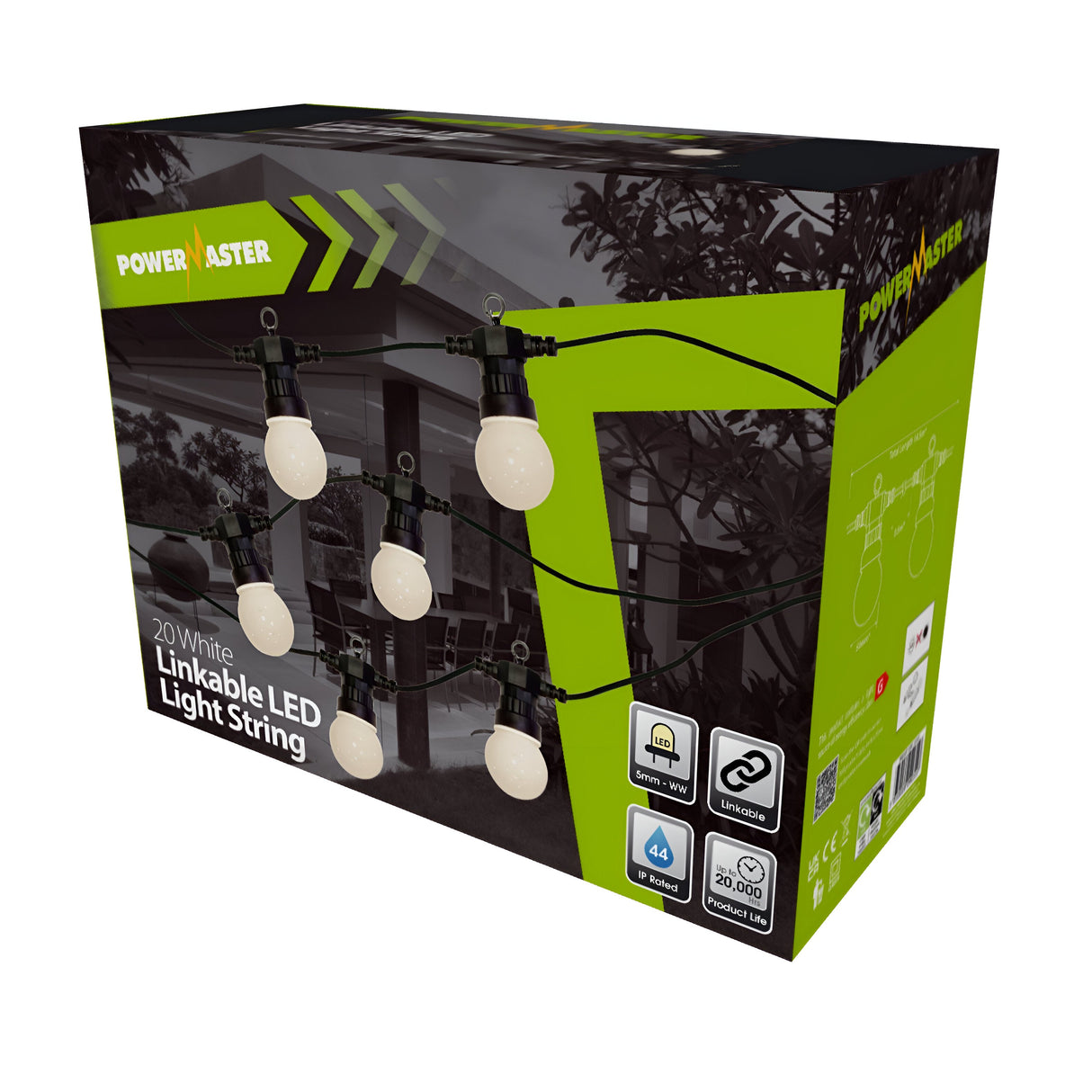 The image shows a box of PowerMaster Outdoor LED 20 Large Globe String Lights in warm white. The packaging highlights the lights IP44 weather protection and a 20,000-hour lifespan, with an in-use illustration.