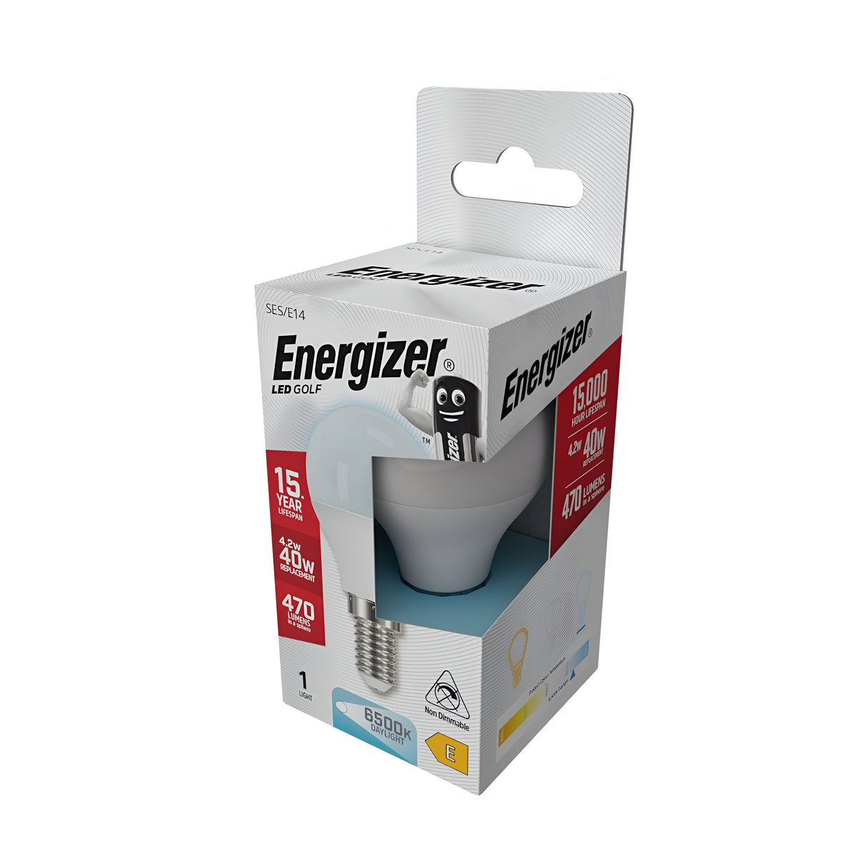 Image of an Energizer 4.2W Non-Dimmable LED Golf Ball Bulb - Daylight, E14, 6500K in its packaging. The box highlights features such as 15,000 hours of energy-efficient lighting, providing light equivalent to a 40W bulb and emitting 470 lumens. The predominantly white packaging showcases essential details with modern design elements.