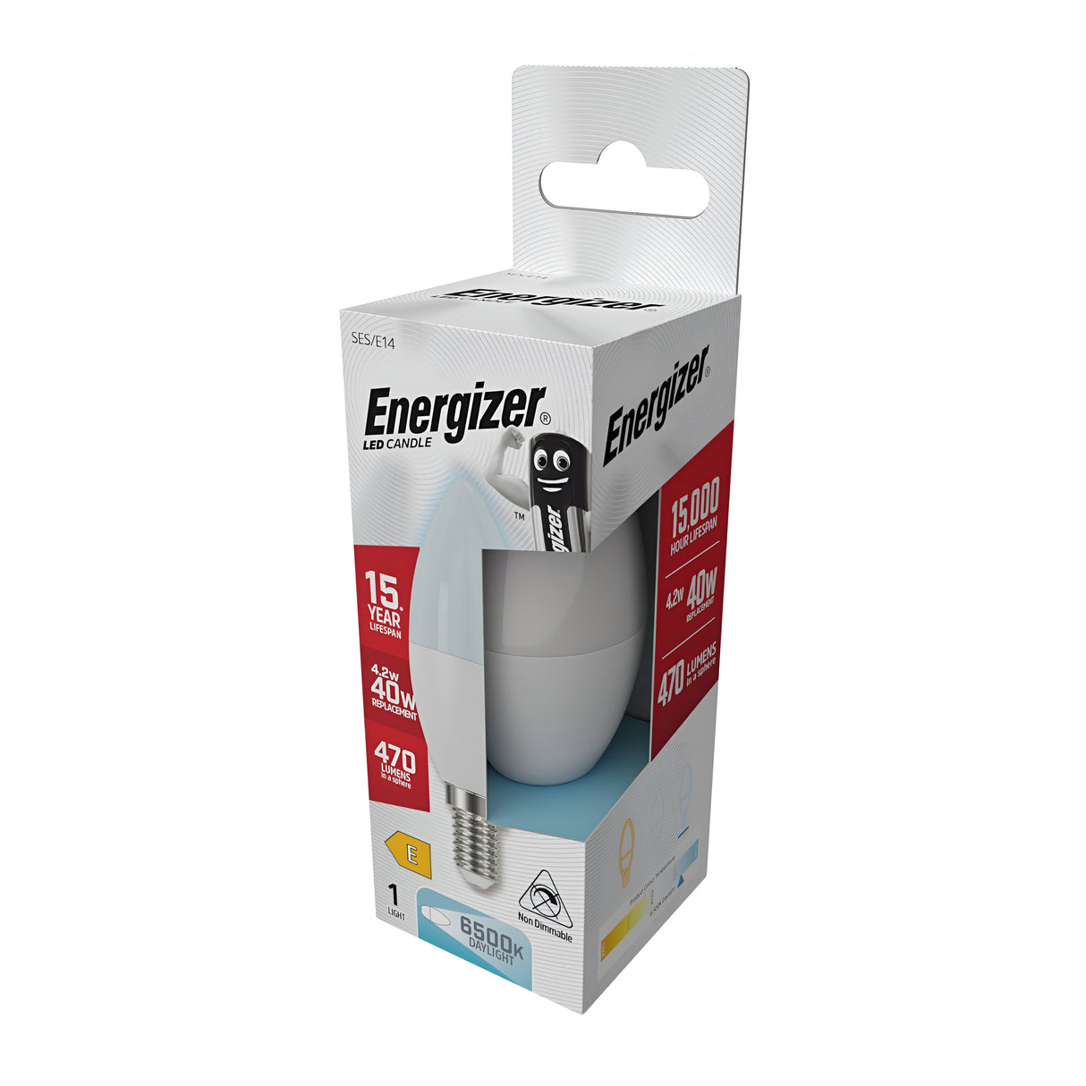 A 3D-rendered image of the Energizer 4.2W Non-Dimmable LED Candle Bulb package highlights its energy efficiency and bright 6500K daylight illumination. The box displays details such as equivalent wattage, light output, lifespan, and features a smiling battery character on the front.