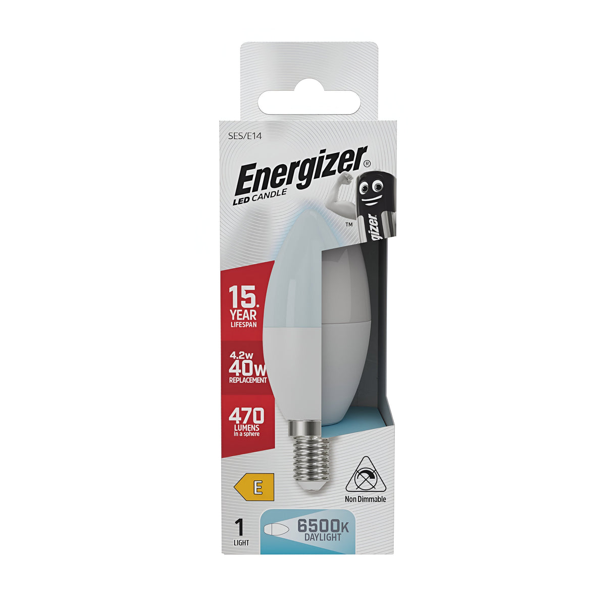 The Energizer 4.2W Non-Dimmable LED Candle Bulb in a daylight color of 6500K offers a 15-year lifespan and provides 470 lumens, equivalent to a traditional 40W bulb, and is equipped with an E14 base for simple installation.