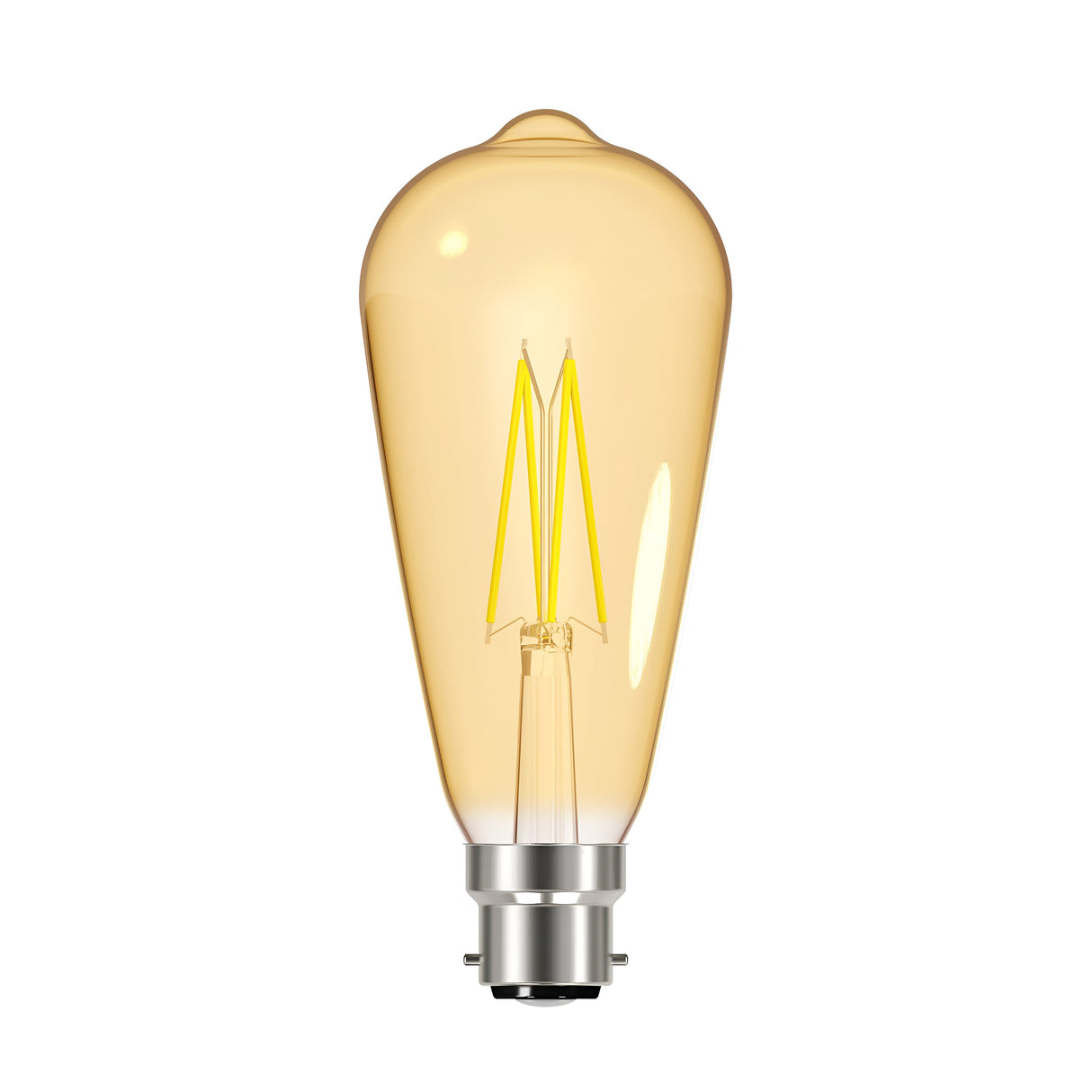 The Energizer 5W Non-Dimmable ST64 LED Gold Filament Bulb emits a cozy warm white light at 2200K, showcasing a glowing gold filament reminiscent of vintage aesthetics. It features a metallic B22 base for easy socket connection, beautifully set against a white backdrop.