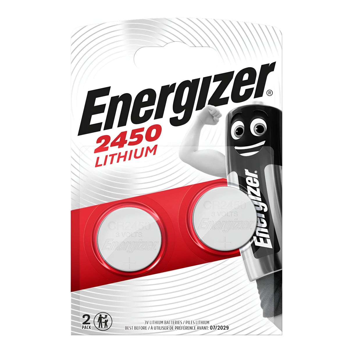 A package of Energizer CR2450 Lithium Coin Cell Battery (2 Pack) displays two lithium batteries. The packaging showcases a battery-shaped mascot on the right side, raising a fist in a cheerful pose. Text on the packaging indicates this dependable power solution is 3 volts and guaranteed until 01/2029.