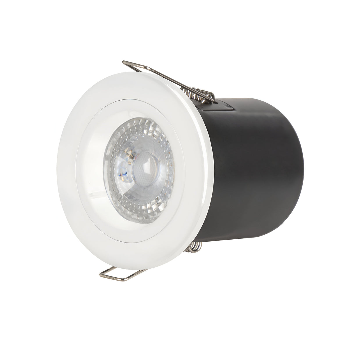 The PowerMaster Recessed Fire Rated Twist & Lock Downlight, featuring a round black light with white trim and a clear center lens, offers dimmable lighting. Its cylindrical casing and metal mounting clip ensure versatile, easy installation.