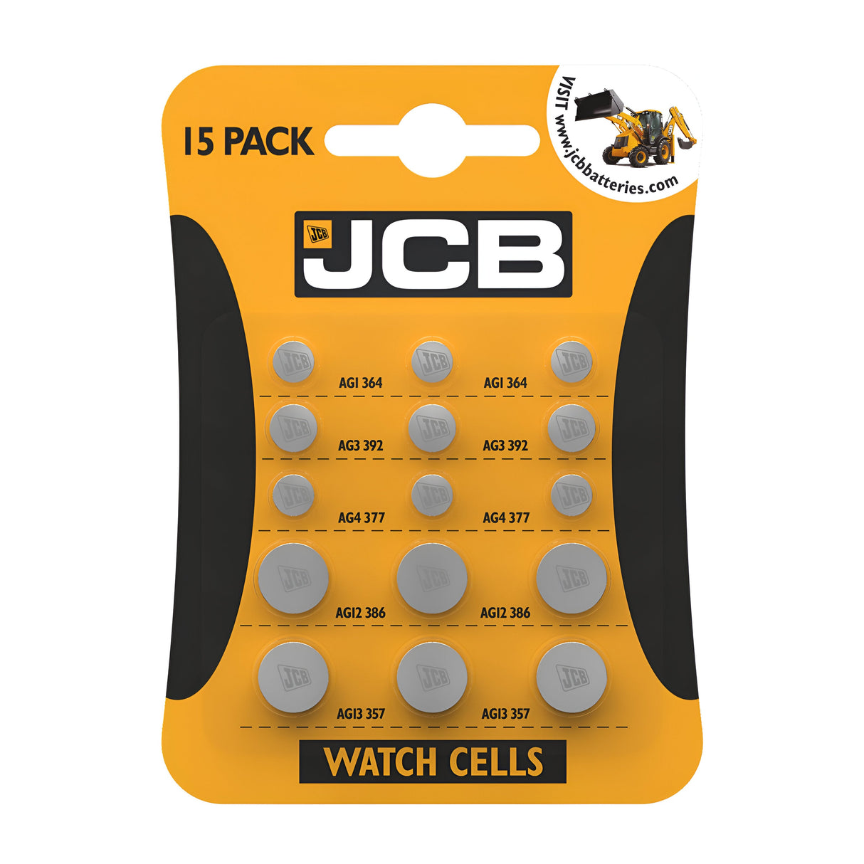 The JCB Mix Alkaline Coin Cell Batteries (15 Pack) consists of coin cells labeled AG1 to AG13 and comes in yellow and black packaging with the prominent JCB logo at the top, signifying quality and reliability.