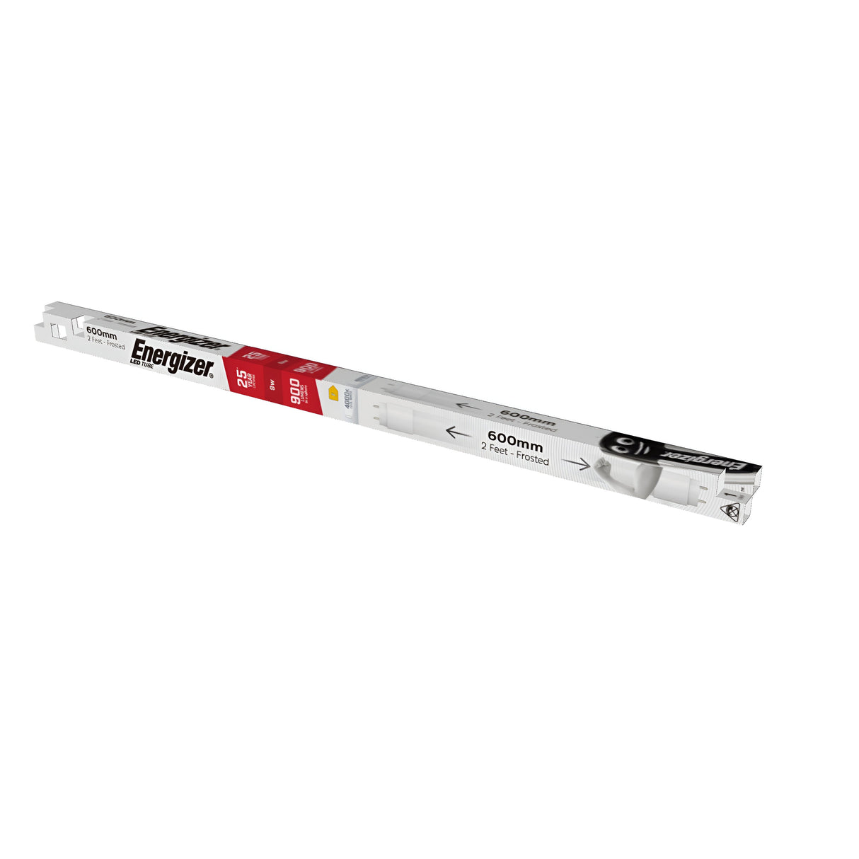 The packaging of the Energizer 9W 2ft G13 LED Tube - Cool White, 4000K is displayed diagonally, featuring a predominantly white design complemented by red accents. It highlights its 600mm length and features like cool white light and a shatterproof coating for increased durability.