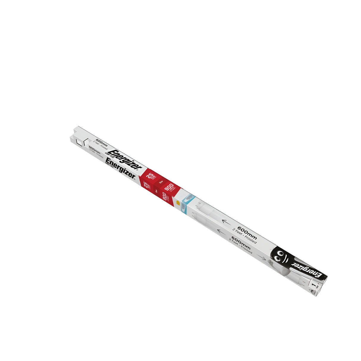 A long, rectangular package of Energizer 9W 2ft G13 LED Tube lights in daylight illumination (6500K). The packaging features length and wattage specifications on its red and white surface, highlighting the inclusion of a shatterproof coating for improved safety.