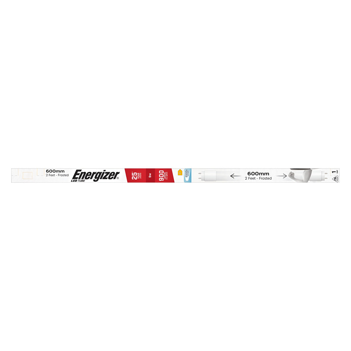 The packaging for the Energizer 9W 2ft G13 LED Tube - Daylight, 6500K mostly features a white background with red and black text, emphasizing its color accuracy and energy efficiency. It includes an image depicting the tube light that recreates natural sunlight indoors.