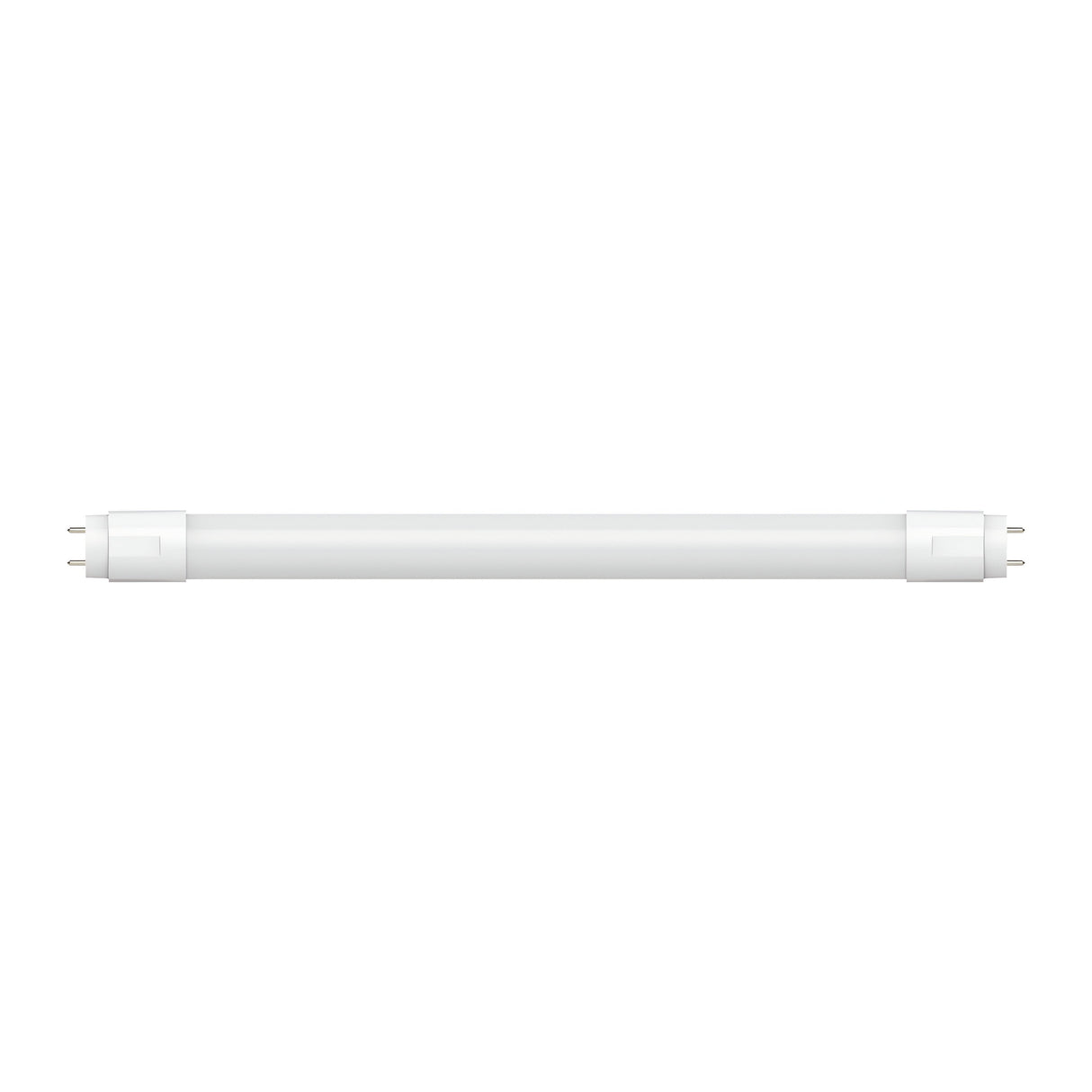 A white cylindrical Energizer G13 30W 6ft LED Tube, featuring metal pins on both ends, is set against a plain white background. It emits a cool white 4,000K output and is horizontally oriented, highlighting its simple, elongated design with impressive energy savings.