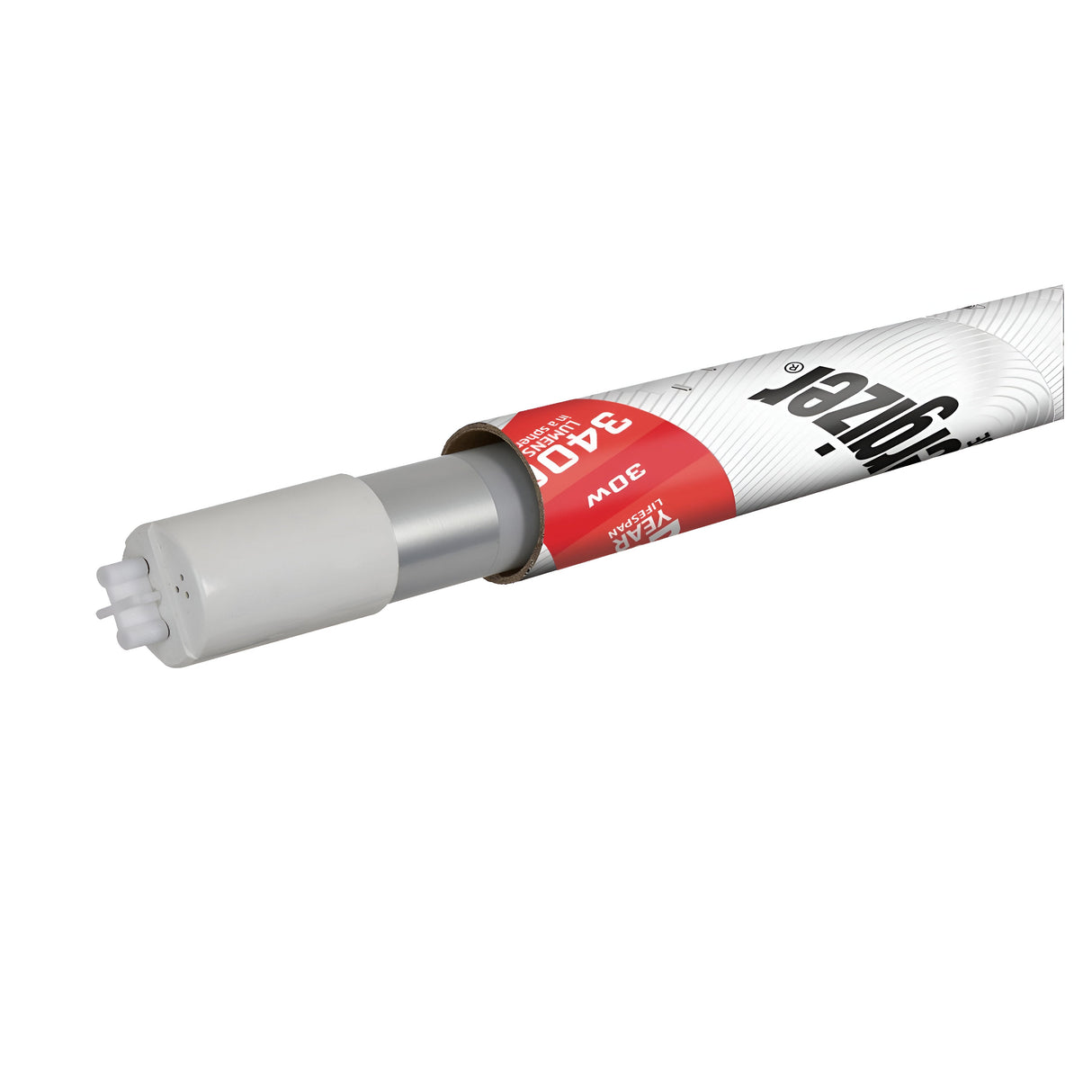 A close-up of a sleek Energizer G13 30W 6ft LED Tube with a white end cap and a red-and-white label. The partially visible text and logo hint at energy efficiency. This cylindrical electronic component emits a cool white (4,000K) output, offering both reliability and efficiency.