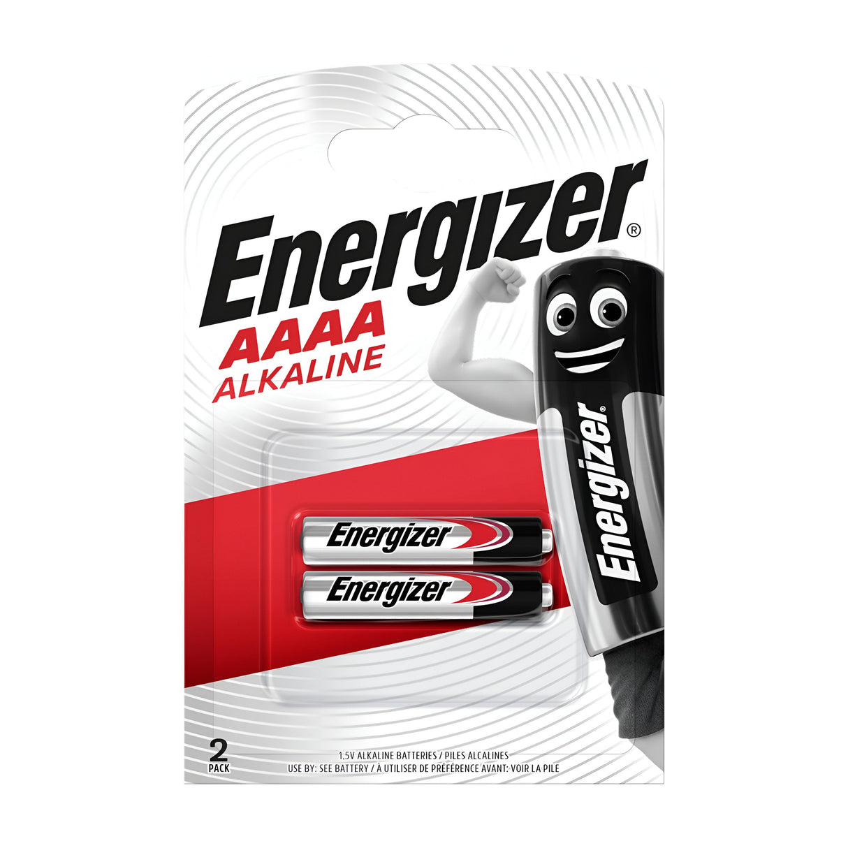 The packaging of the Energizer AAAA Alkaline Batteries (2 Pack) showcases their reputation for long-lasting energy. It prominently displays the iconic Energizer logo alongside an illustration of a smiling battery character flexing its muscular arm, emphasizing the powerful performance of these compact batteries.