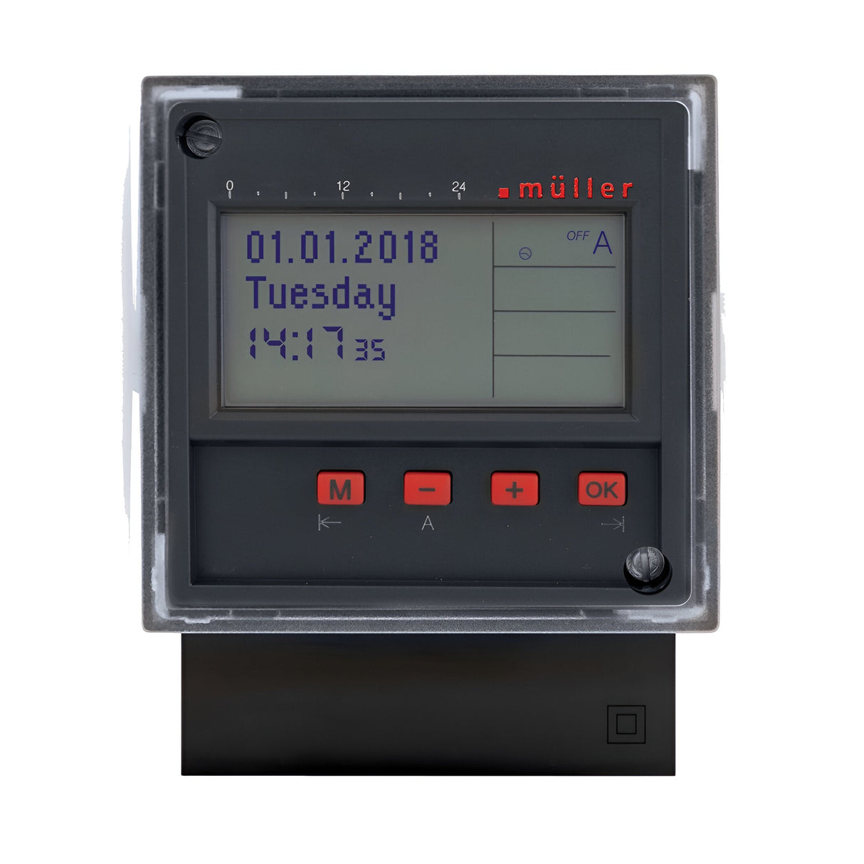 Introducing the Panel 2 Channel 7 Day Time Switch with Bluetooth: a sleek digital timer encased in black, displaying the date 01.01.2018 and time 14:17. It features red buttons labeled -, +, and OK, complete with Müller branding. Enjoy a battery reserve lasting up to 10 years and program it effortlessly via an app for seamless control.