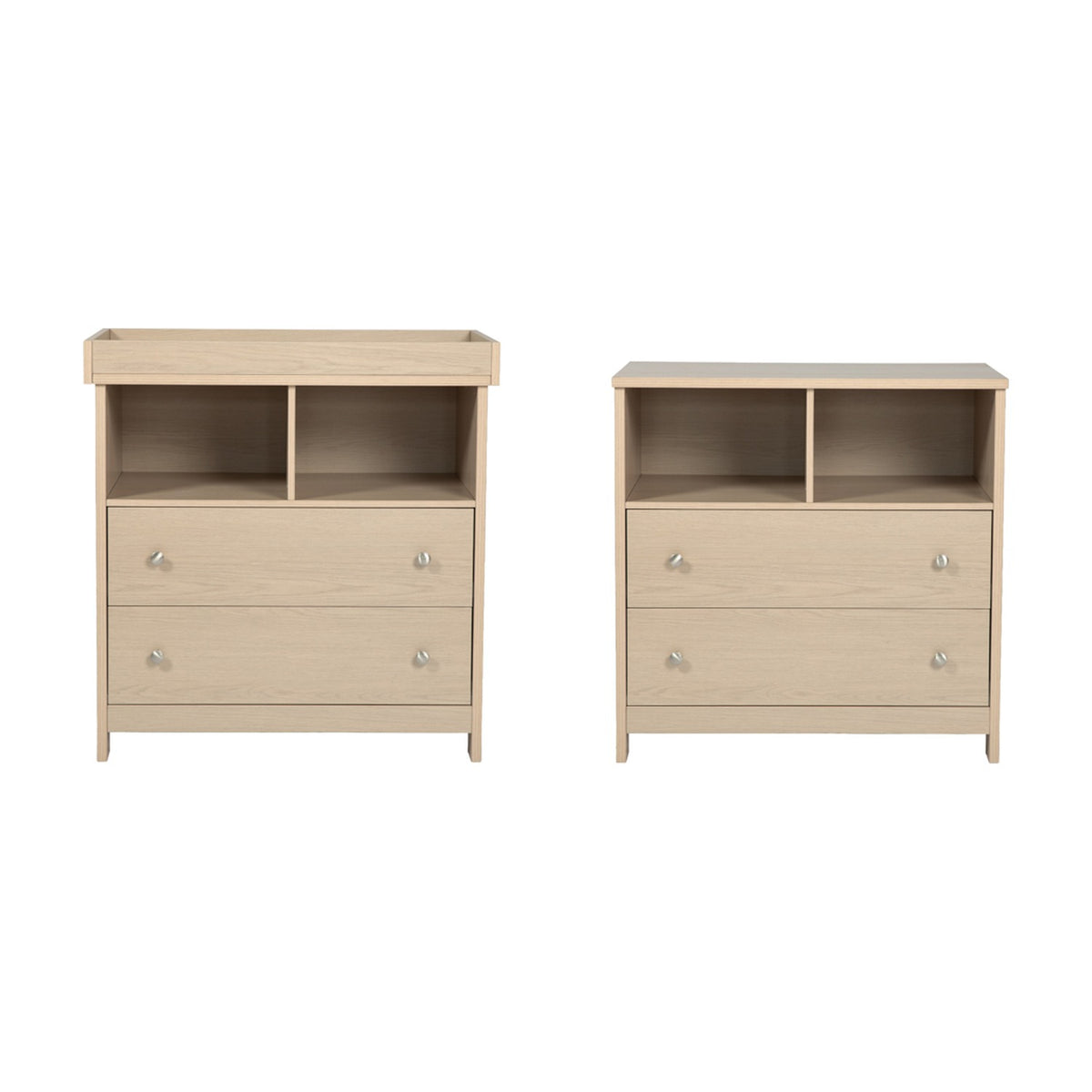Seeker Changing Table with Drawers & Removable Top in Nordic finish, shown in two configurations with open compartments, two drawers with metal knobs, and MDF construction.