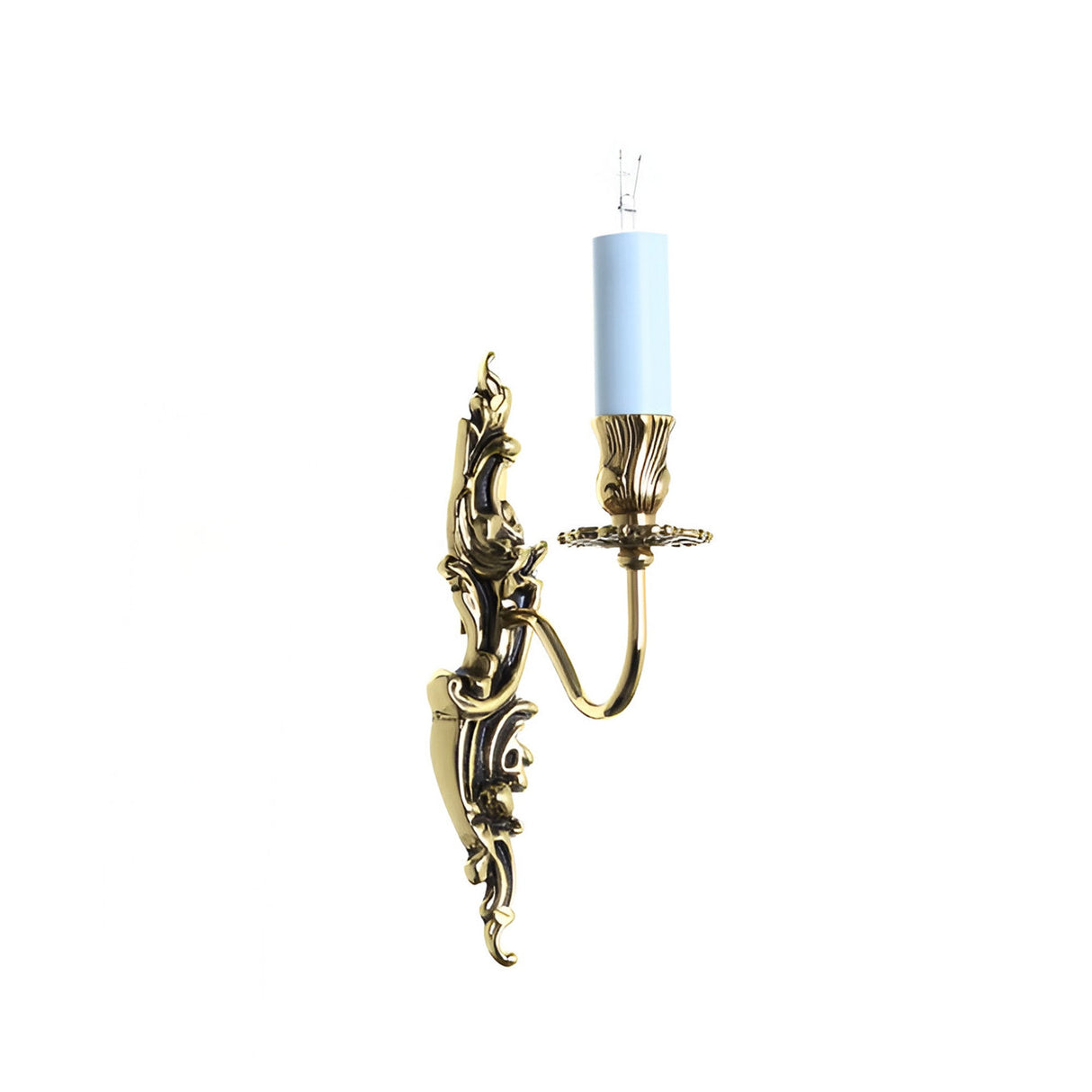 Impex Dauren V1 polished brass wall light with single curved arm, acanthus leaf scrollwork backplate, candle tube and bulb, on a white background.