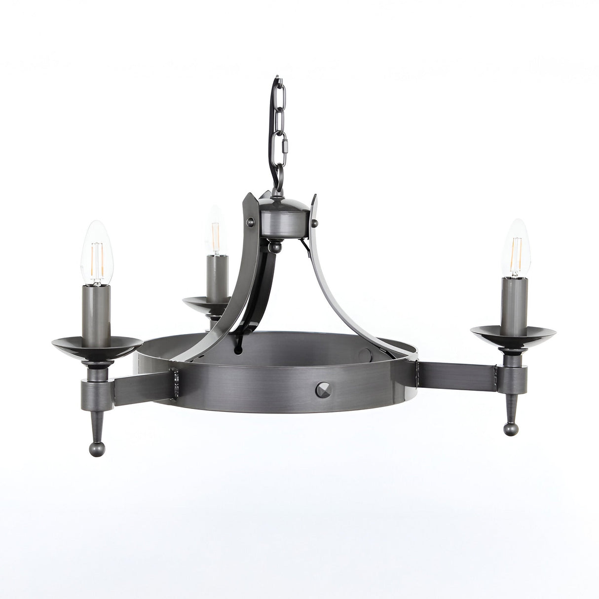 Impex Straven 3 light iron chandelier in sterling grey, with three candle arms on a circular base and arched ribs, suspended by chain on white.
