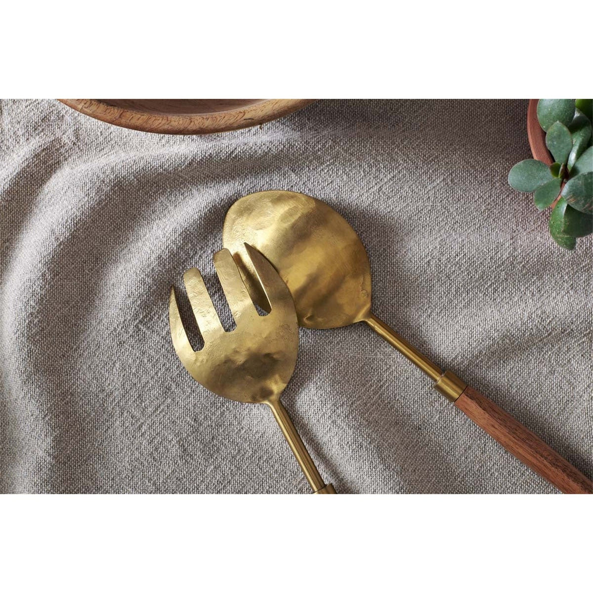 Soni Salad Servers - Gold & Acacia - Set of 2