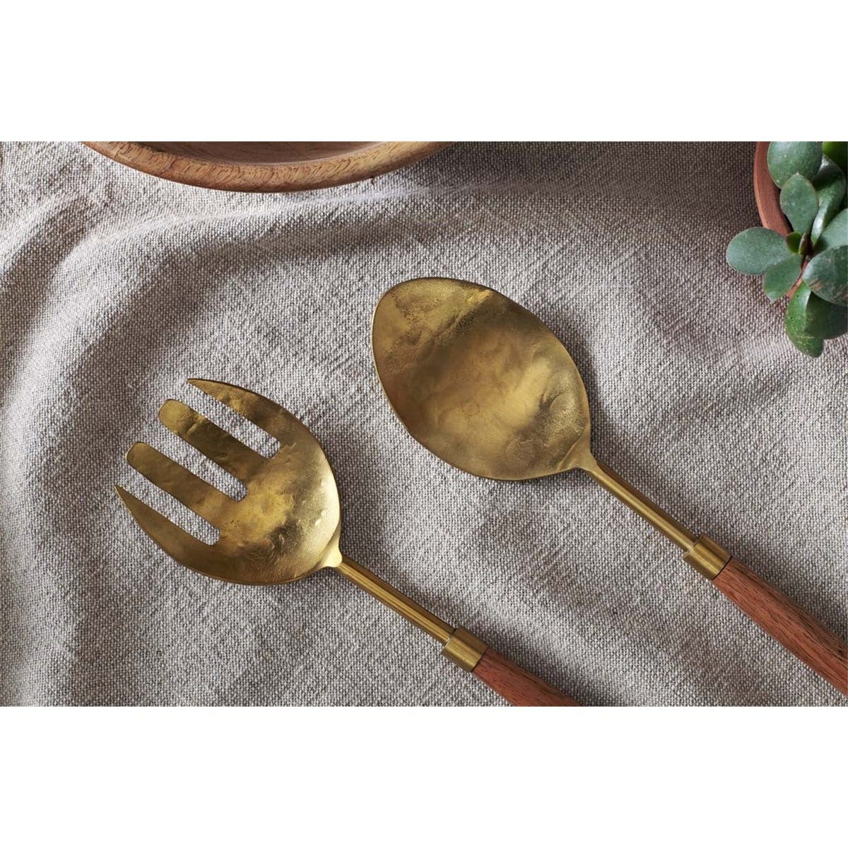 Soni Salad Servers - Gold & Acacia - Set of 2