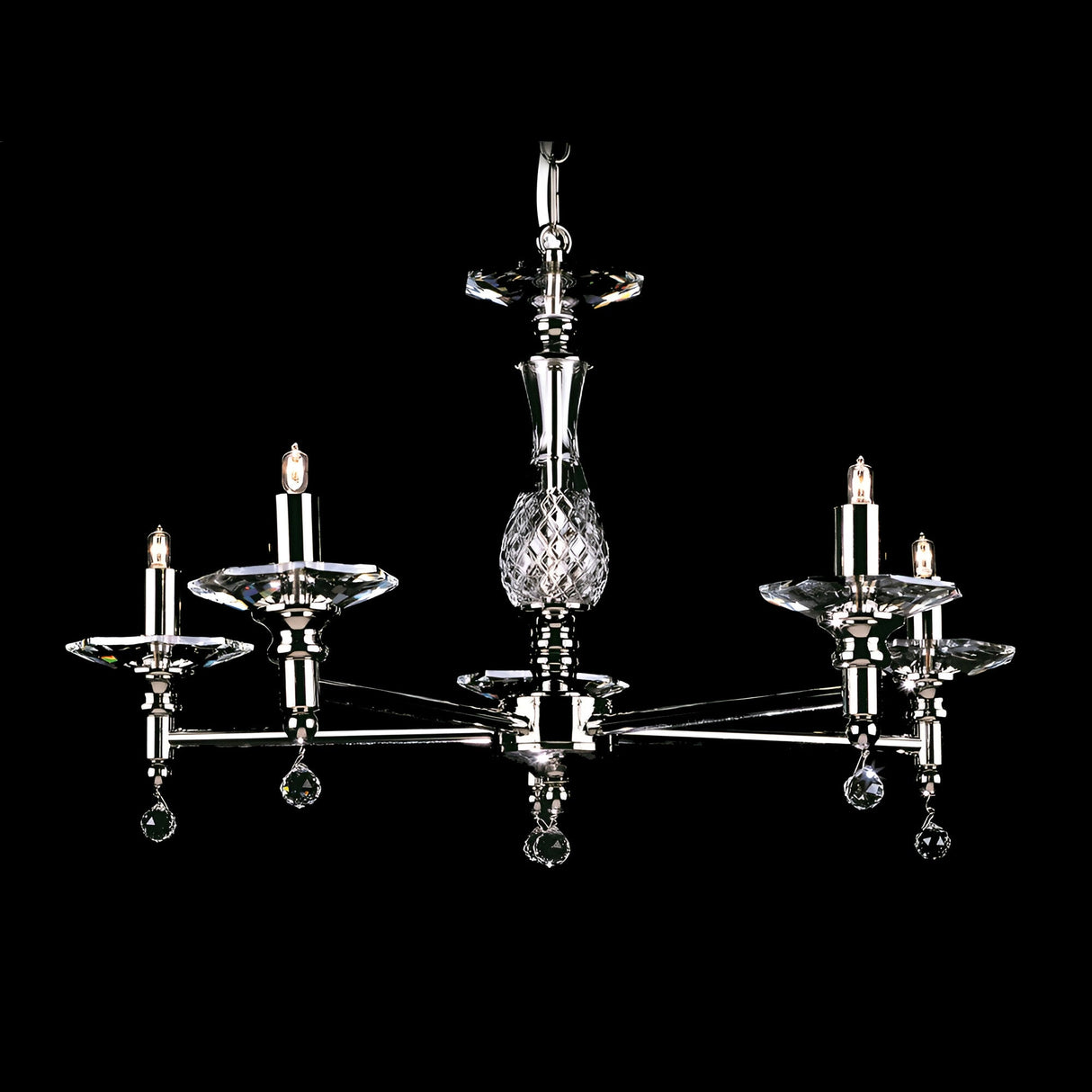 Impex Samero 5 light chandelier in polished nickel with faceted crystal column, optical glass dishes, and suspended crystal balls on a black background.