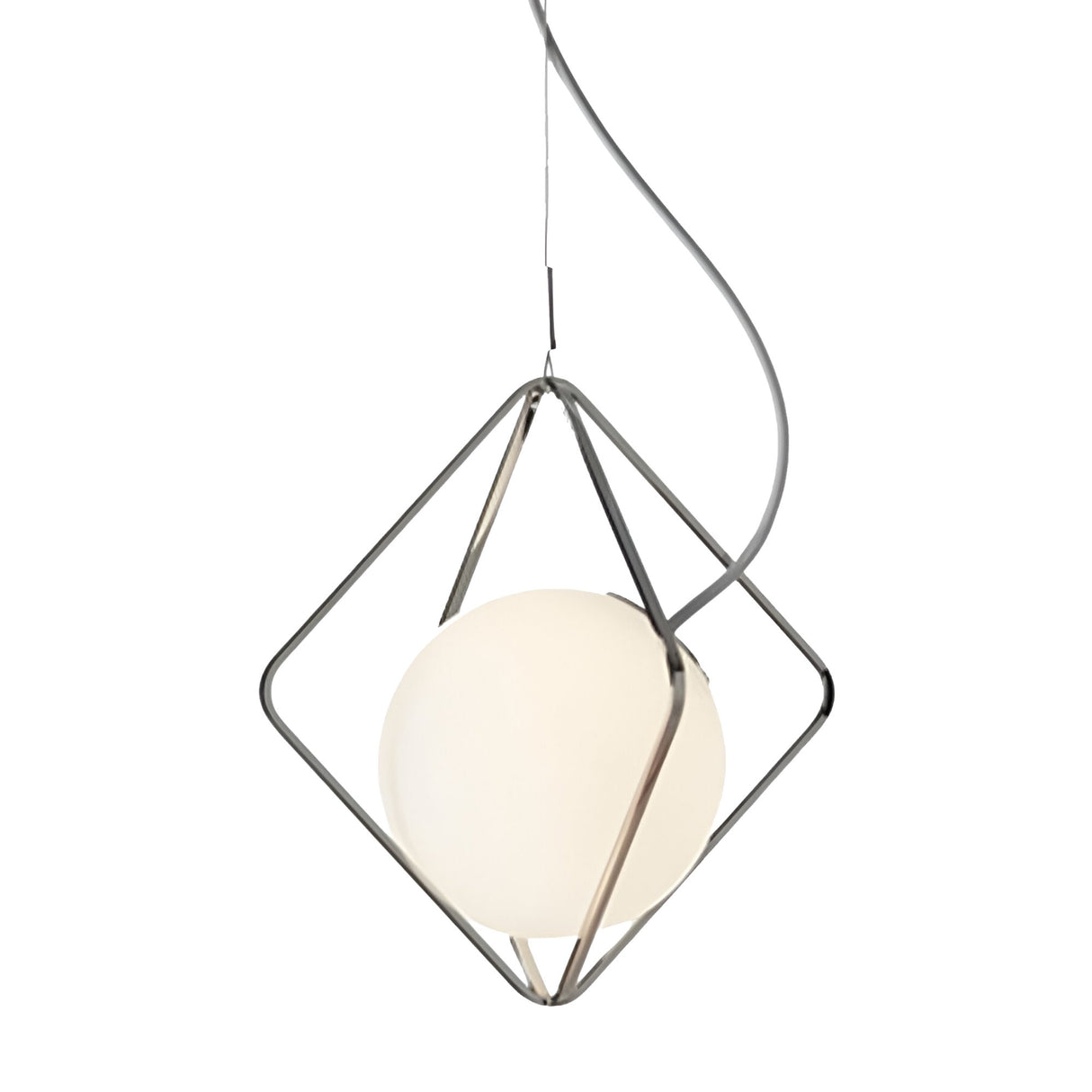 The Scarlette LED Pendant Light - White showcases a modern round pearlescent glass globe in a geometric diamond metal frame, suspended by a cord for an elegant ceiling display.