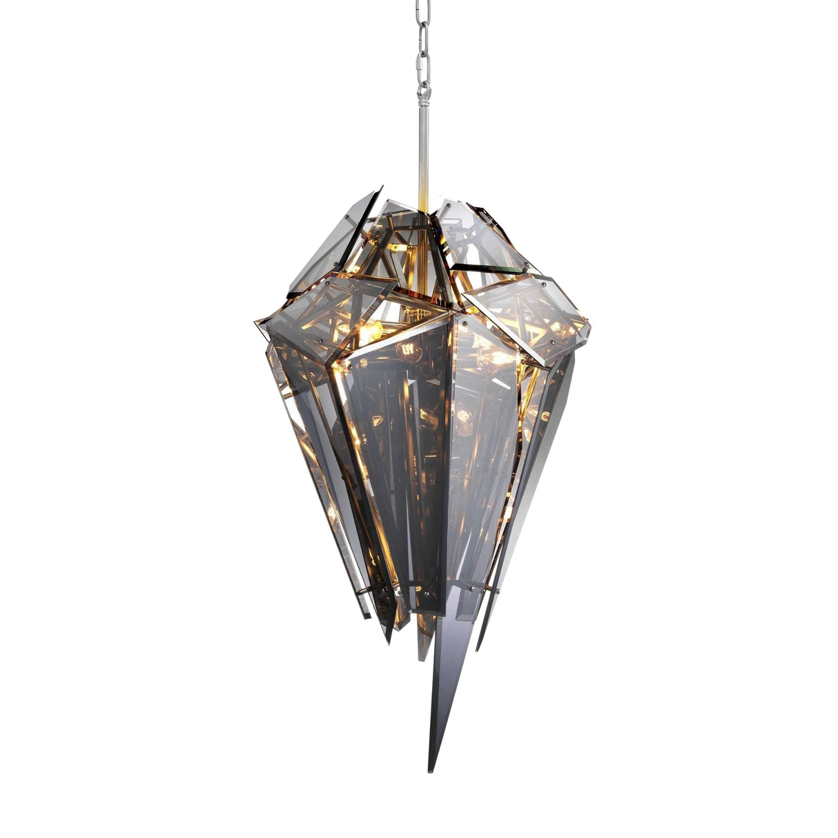 The Shard 8 Light Smoked Glass Suspension Light in Black features angular smoked glass panels in a geometric, icicle-inspired design. Warm light glows through the translucent panels, and the fixture hangs elegantly from a metal chain.