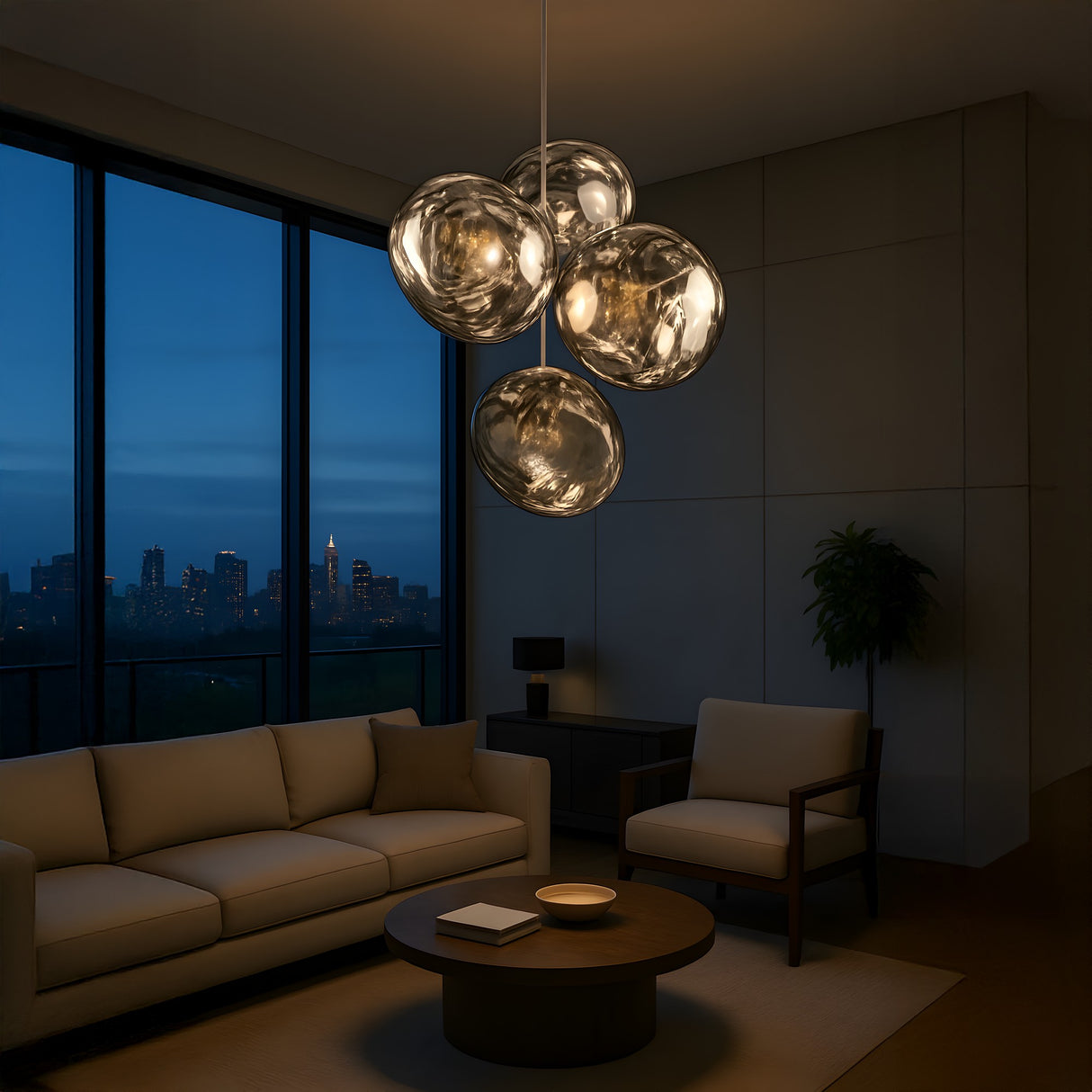 A modern living room at dusk features the striking Lava 4 Light LED Chandelier in silver, a beige sofa, an armchair, a round coffee table, and a large window highlighting the city skyline beneath a dark blue sky.