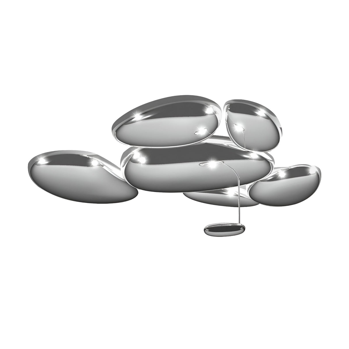 A cluster of shiny, metallic, oval forms floats against a white background, resembling smooth pebbles or futuristic sculptures—capturing the modern aesthetic of the Skydro 5/6 LED Ceiling Light in Silver.