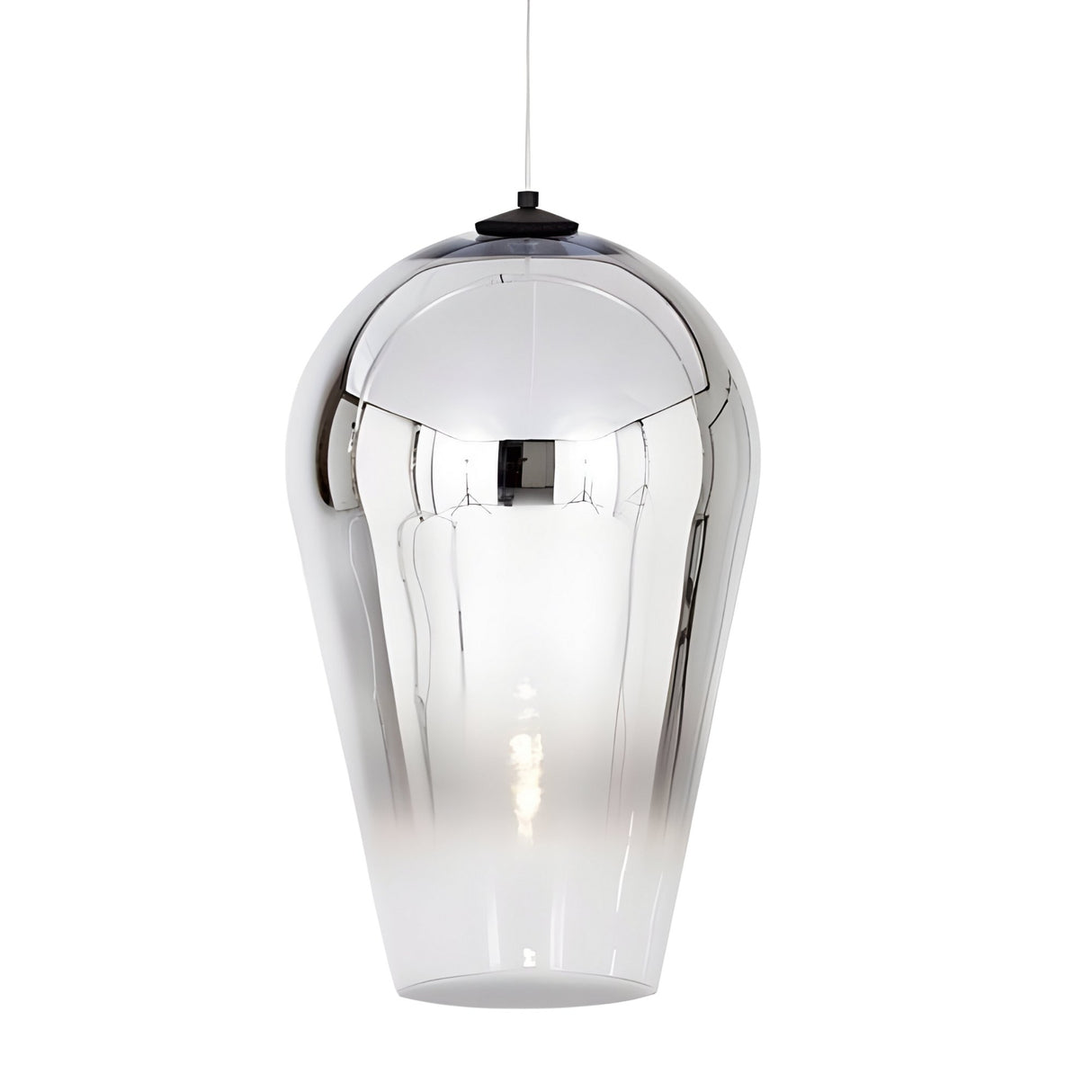 The Slice Glass Pendant Light - Chrome showcases a sleek, reflective chrome finish and a silver glass shade that tapers at the bottom. Suspended by a thin cord, its semi-transparent lower half subtly reveals the bulb inside.